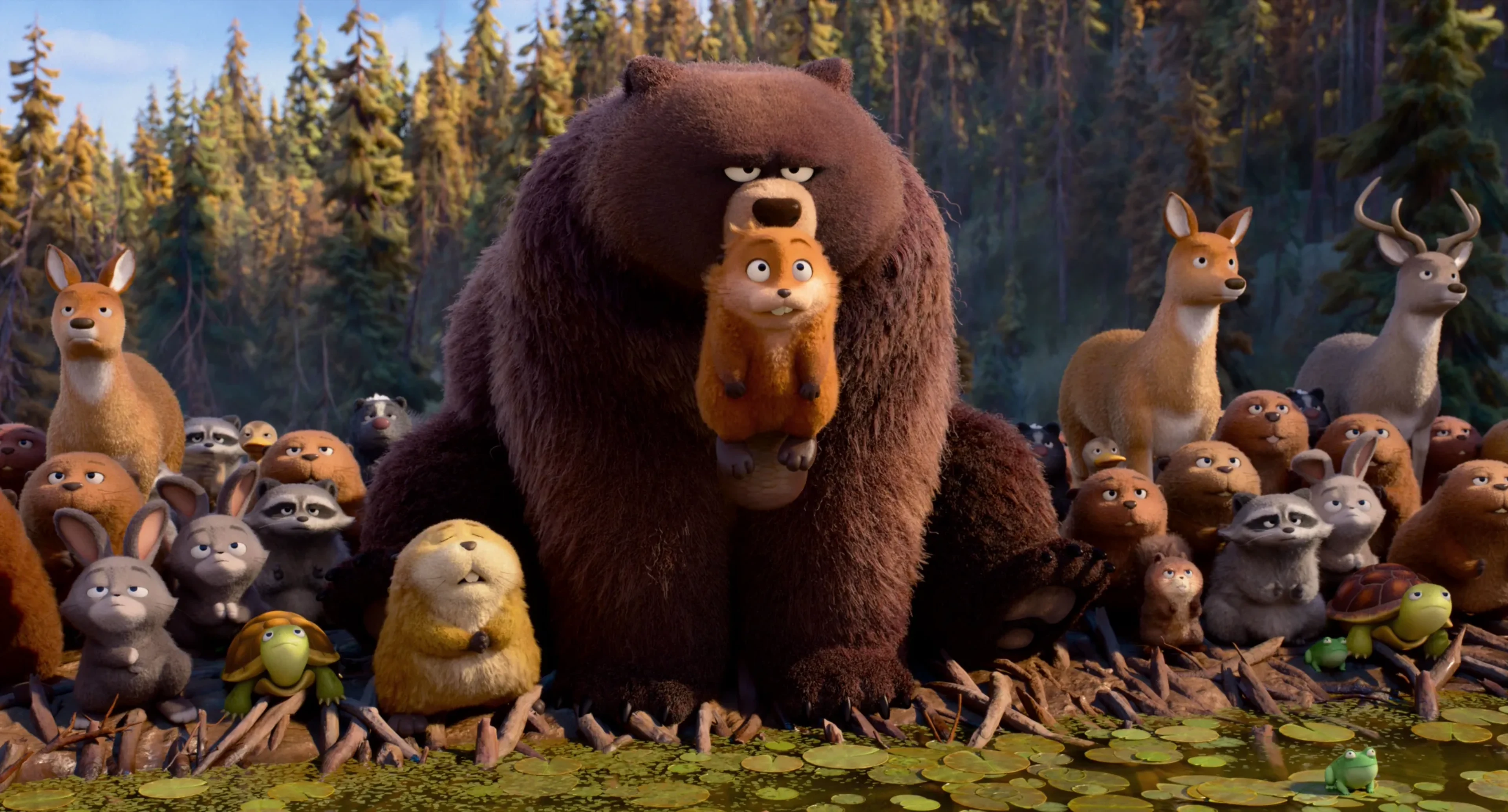 Ellen Bear holds Mabel the robotic beaver in her mouth while woodland animals gather nearby.