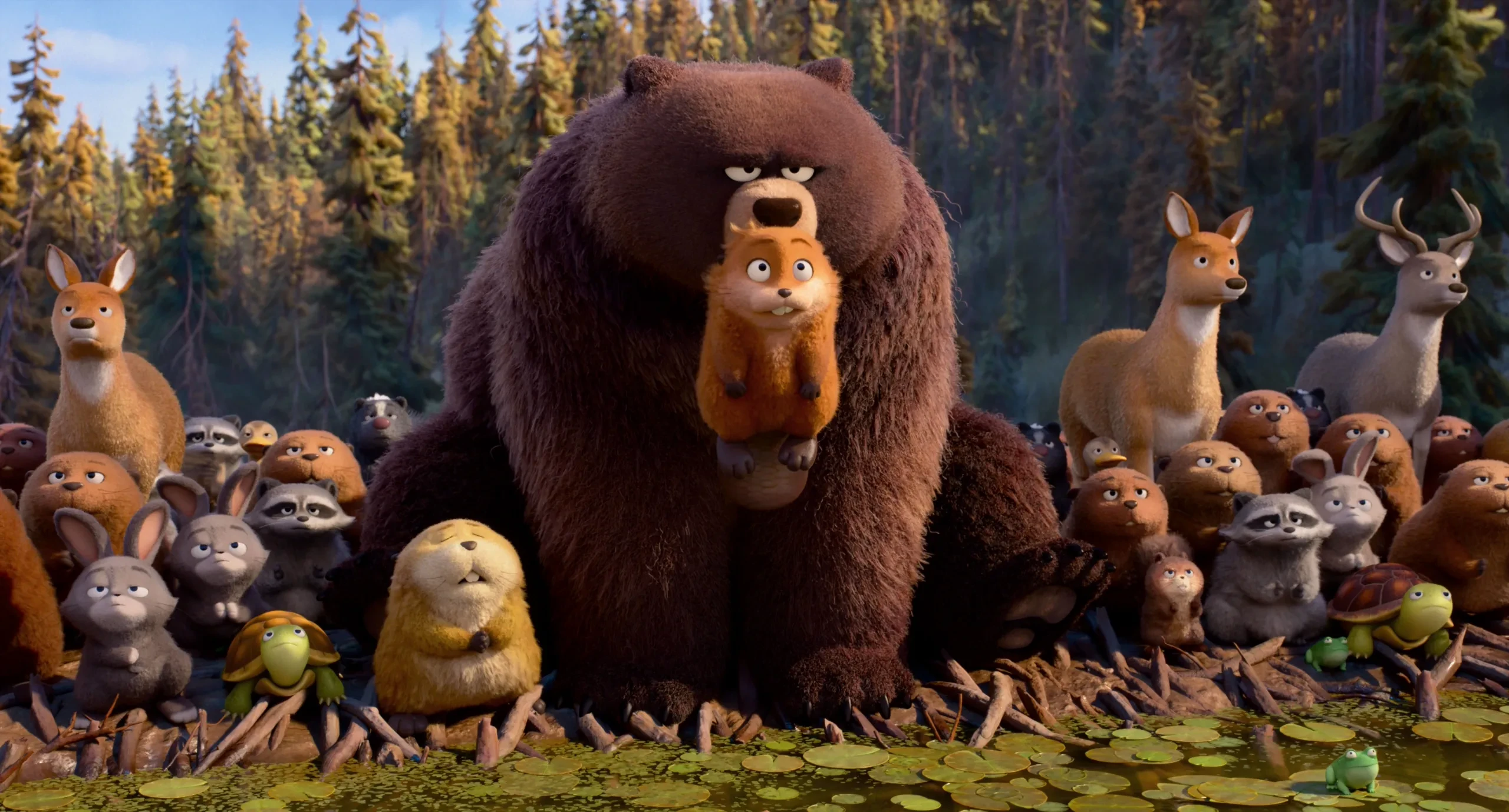 Ellen Bear holds Mabel the robotic beaver in her mouth while woodland animals gather nearby.