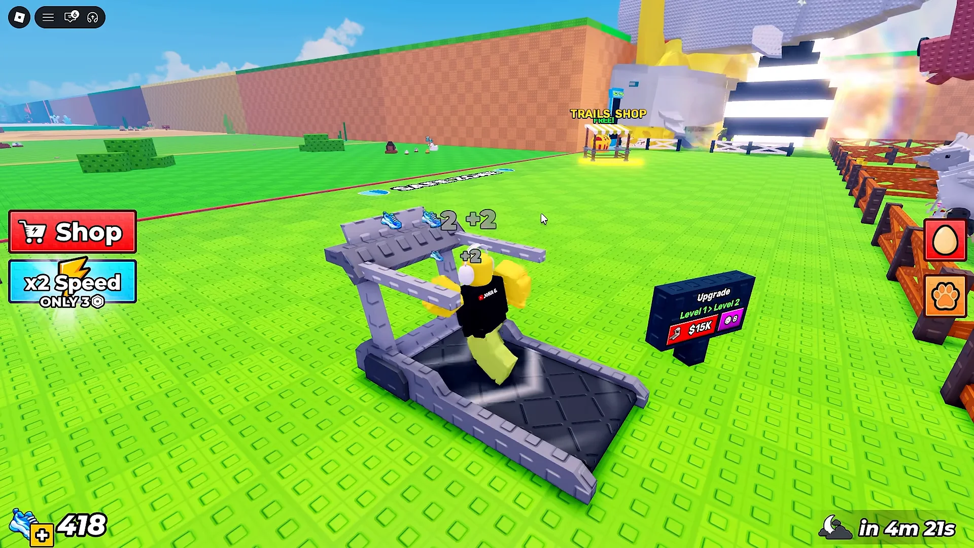A player trains on a treadmill beside its upgrade sign in Steal An Egg.