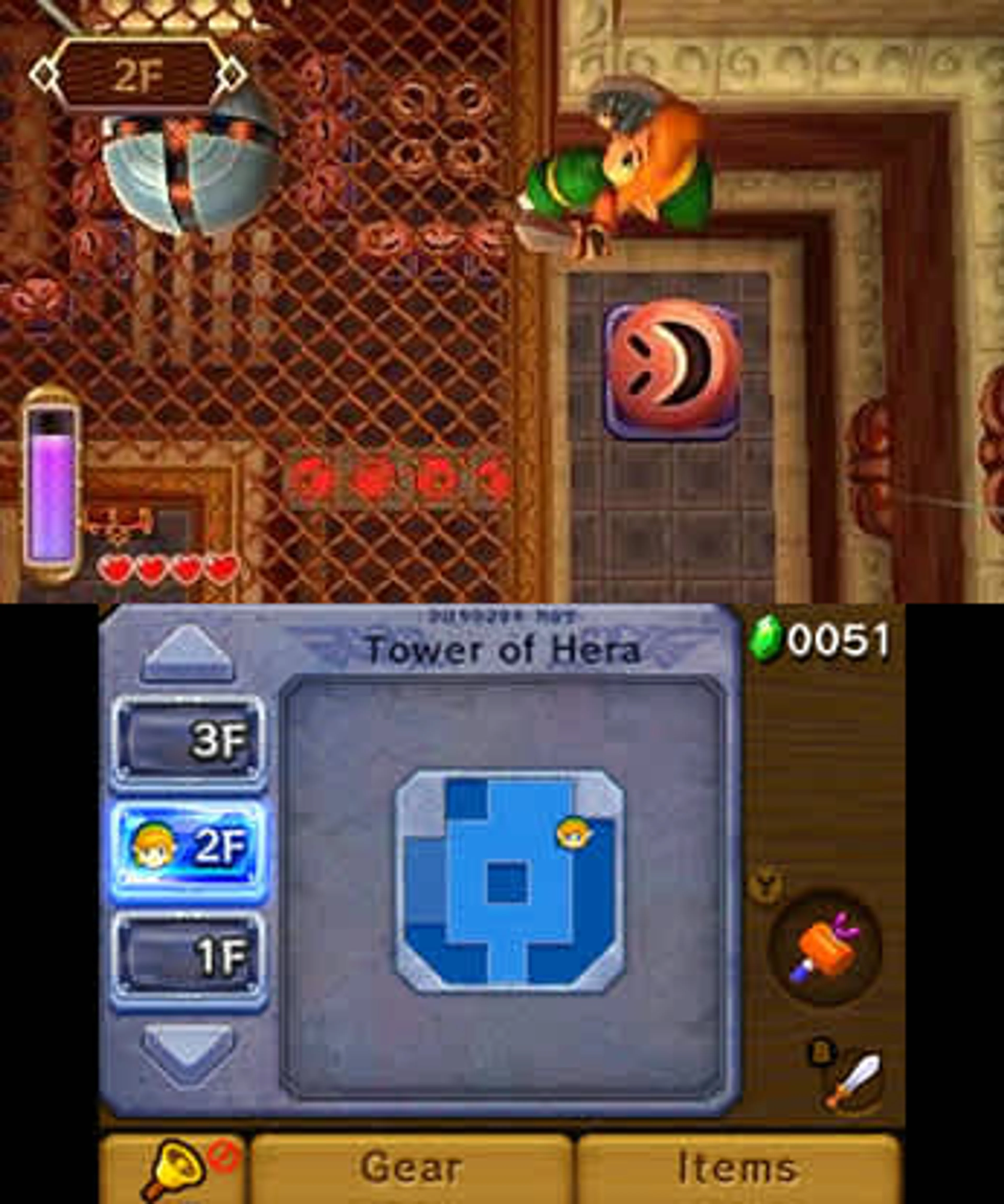 Official Tower of Hera dual-screen screenshot showing Link at a wall beside a room with a circular device, and the dungeon map on the lower screen.