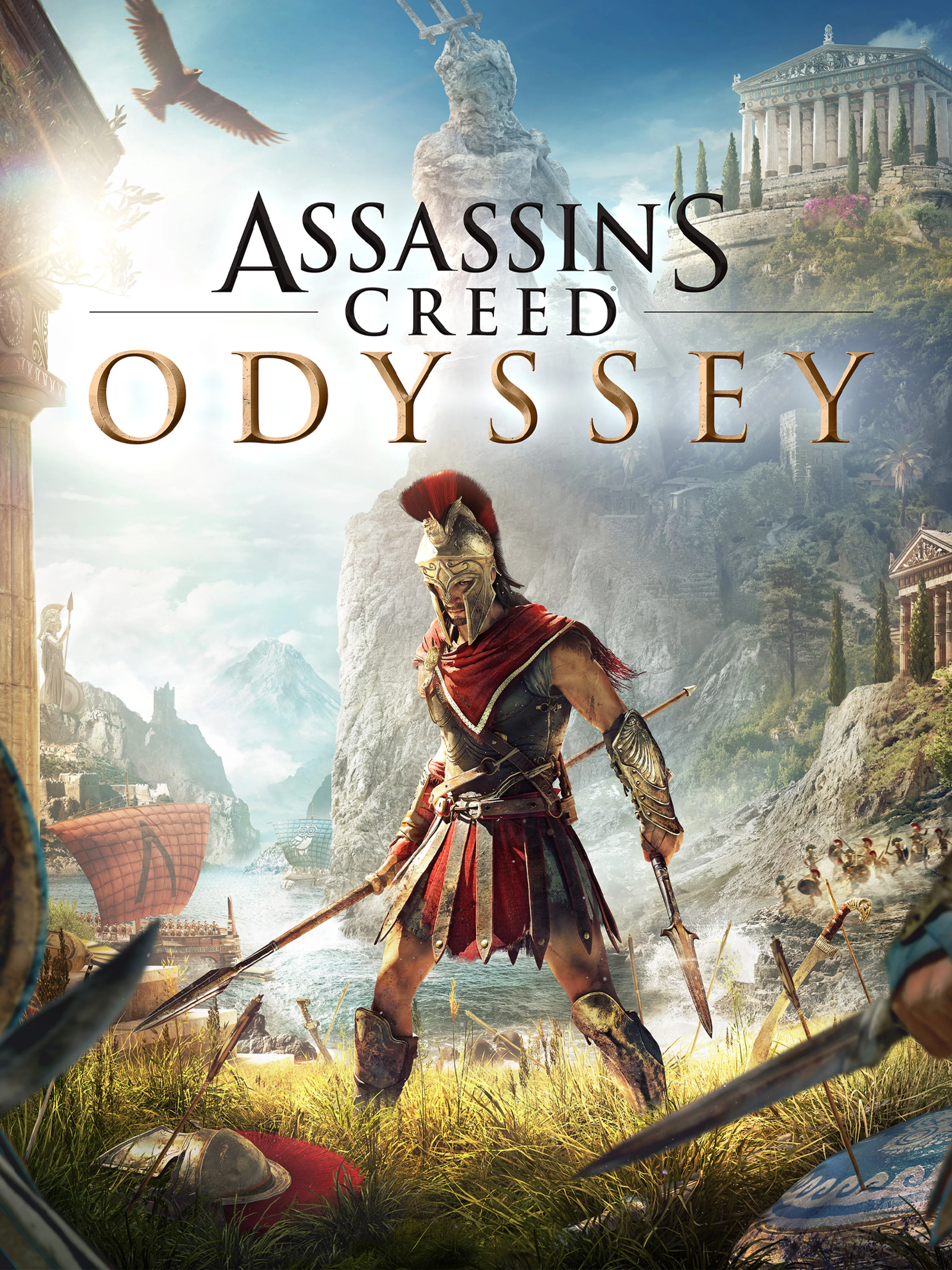 Official Assassin's Creed Odyssey cover with a Spartan warrior, ancient Greek ships and the game's own logo.