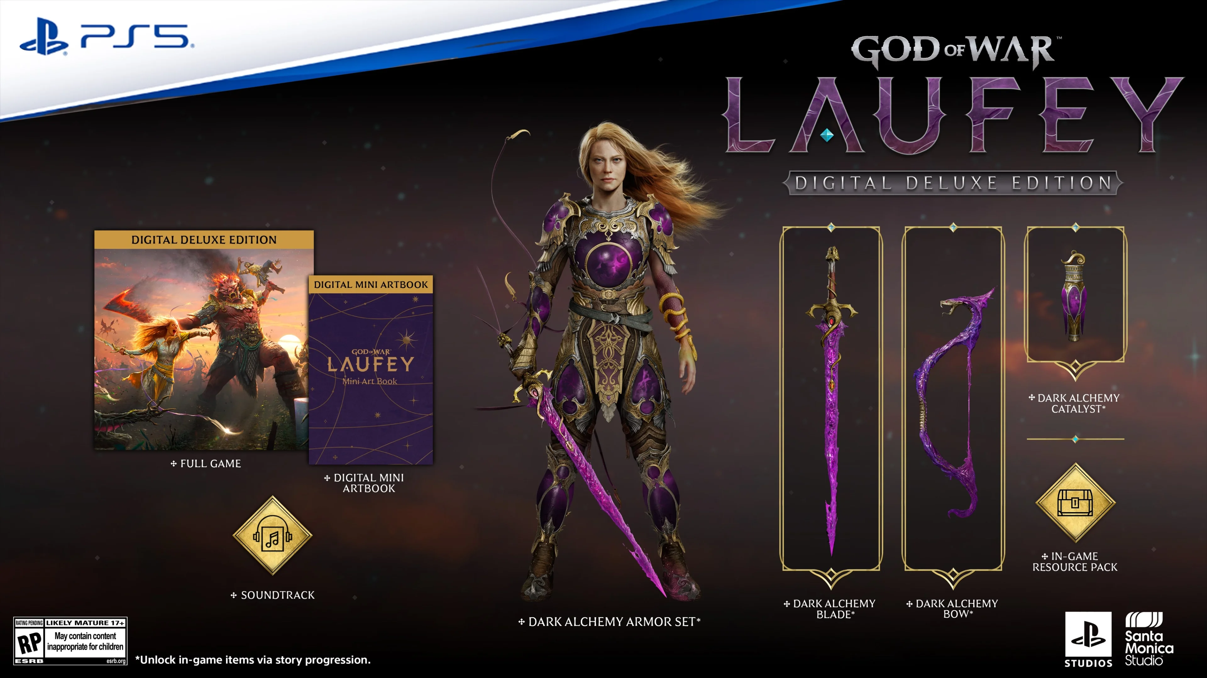 Official God of War: Laufey Digital Deluxe graphic showing the Dark Alchemy armor, blade, bow, catalyst, mini artbook, soundtrack, and resource pack.