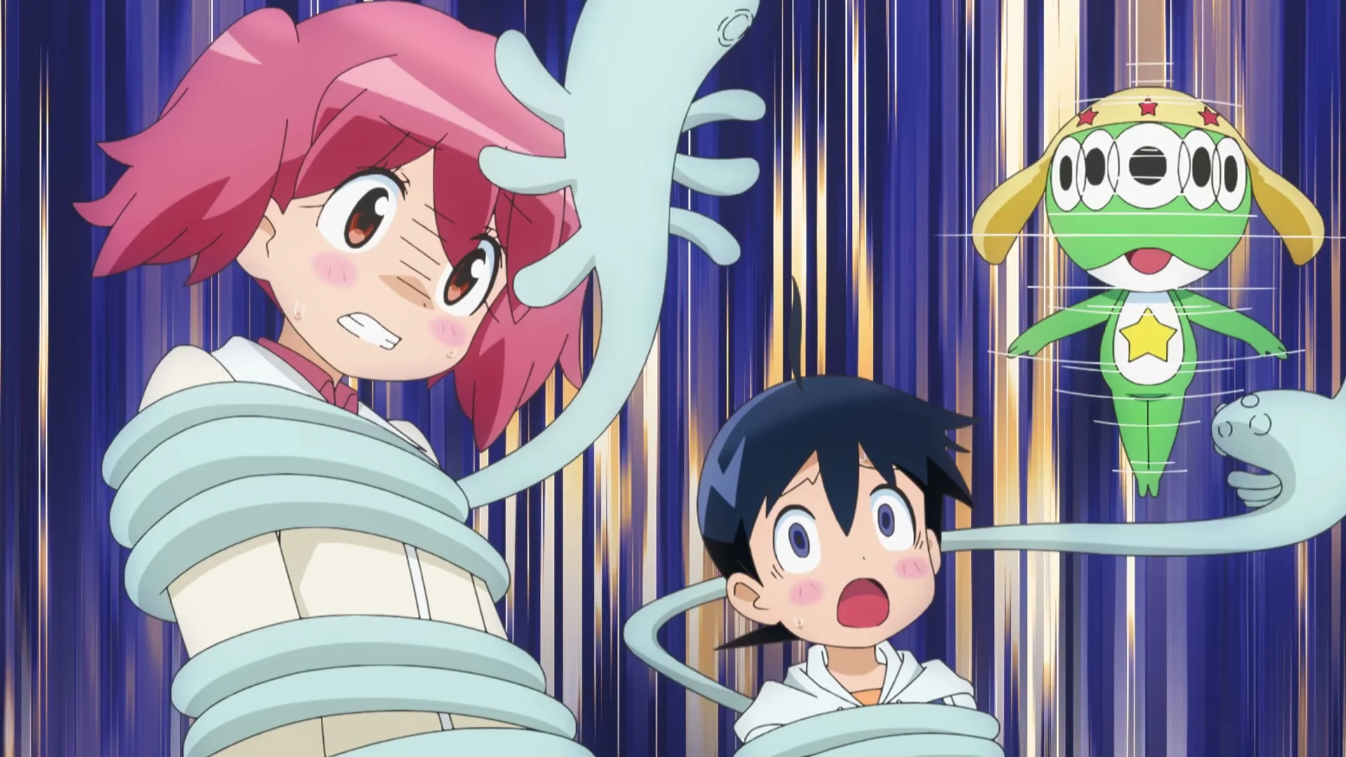 Keroro spins in the air as Natsumi and Fuyuki Hinata are caught by pale tentacles in the new anime trailer.