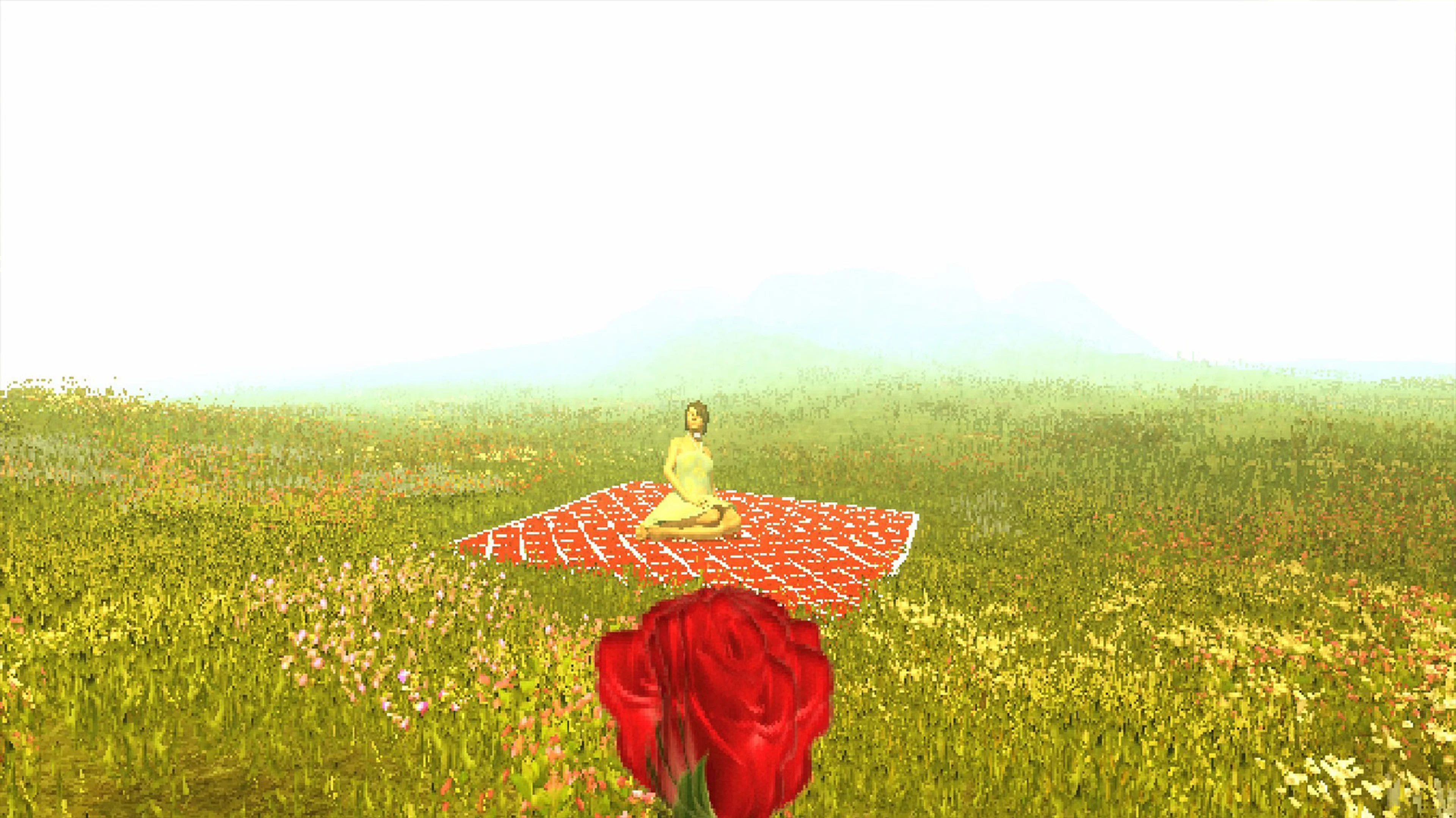 A red floating head faces the player in a bright flower-filled field in Golden Light.