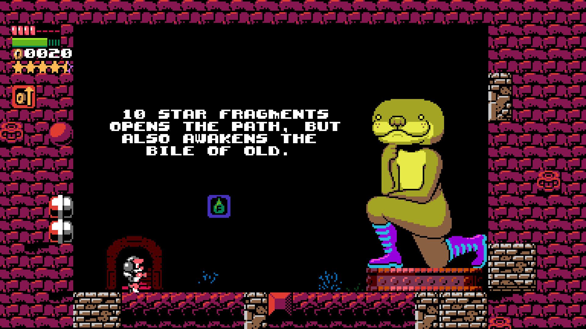 A side-view pixel-art character stands in a red cavern in UFO 50.