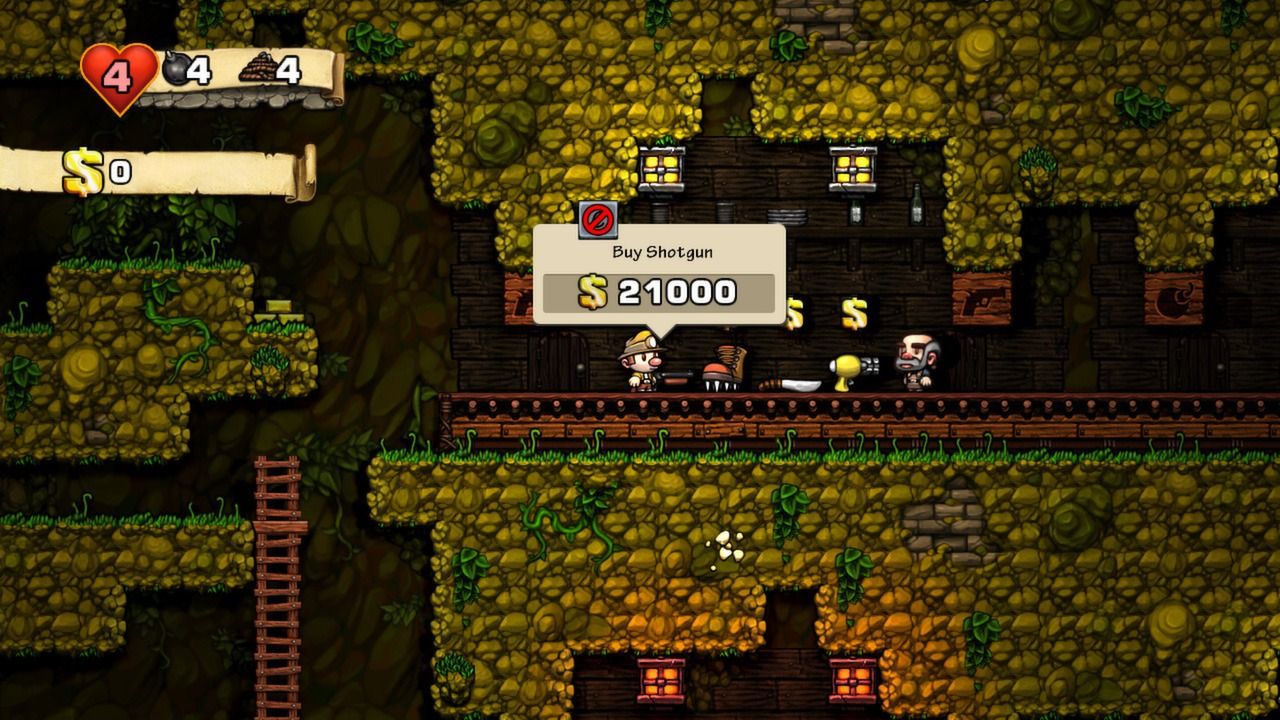 Closer view of the Spelunky shopkeeper, shotgun and Buy Shotgun $21,000 prompt.