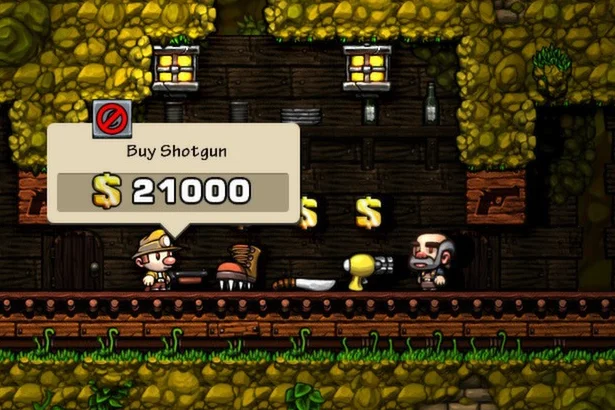 Closer view of the Spelunky shopkeeper, shotgun and Buy Shotgun $21,000 prompt.
