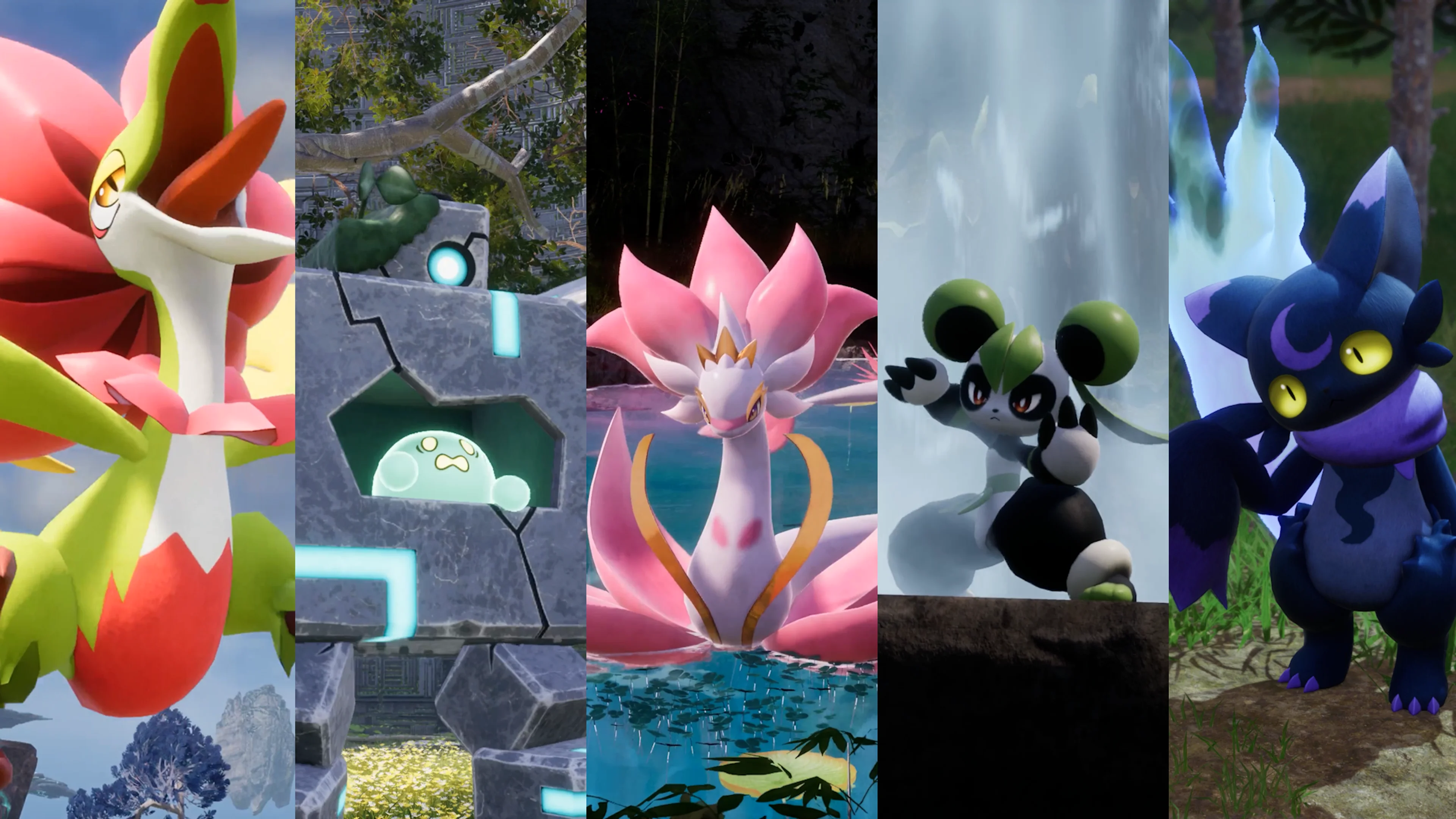 Five new Pals displayed across different Palworld environments.