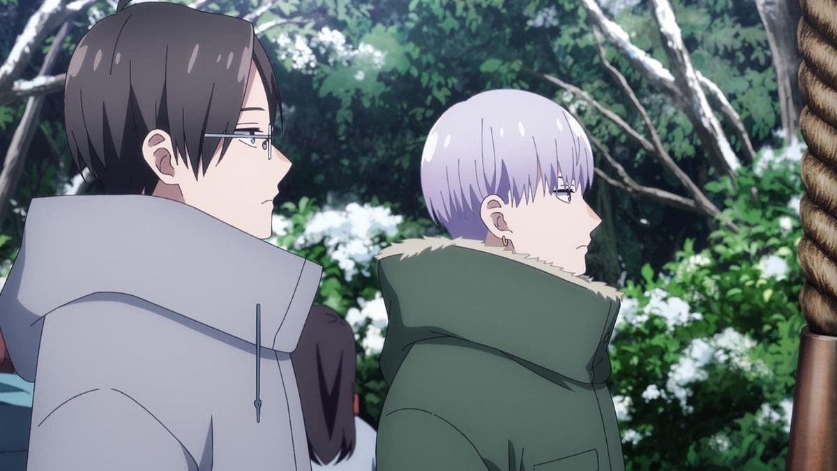 Raku and Gen stand near a snowy shrine in Please Excuse My Younger Brothers episode 13.