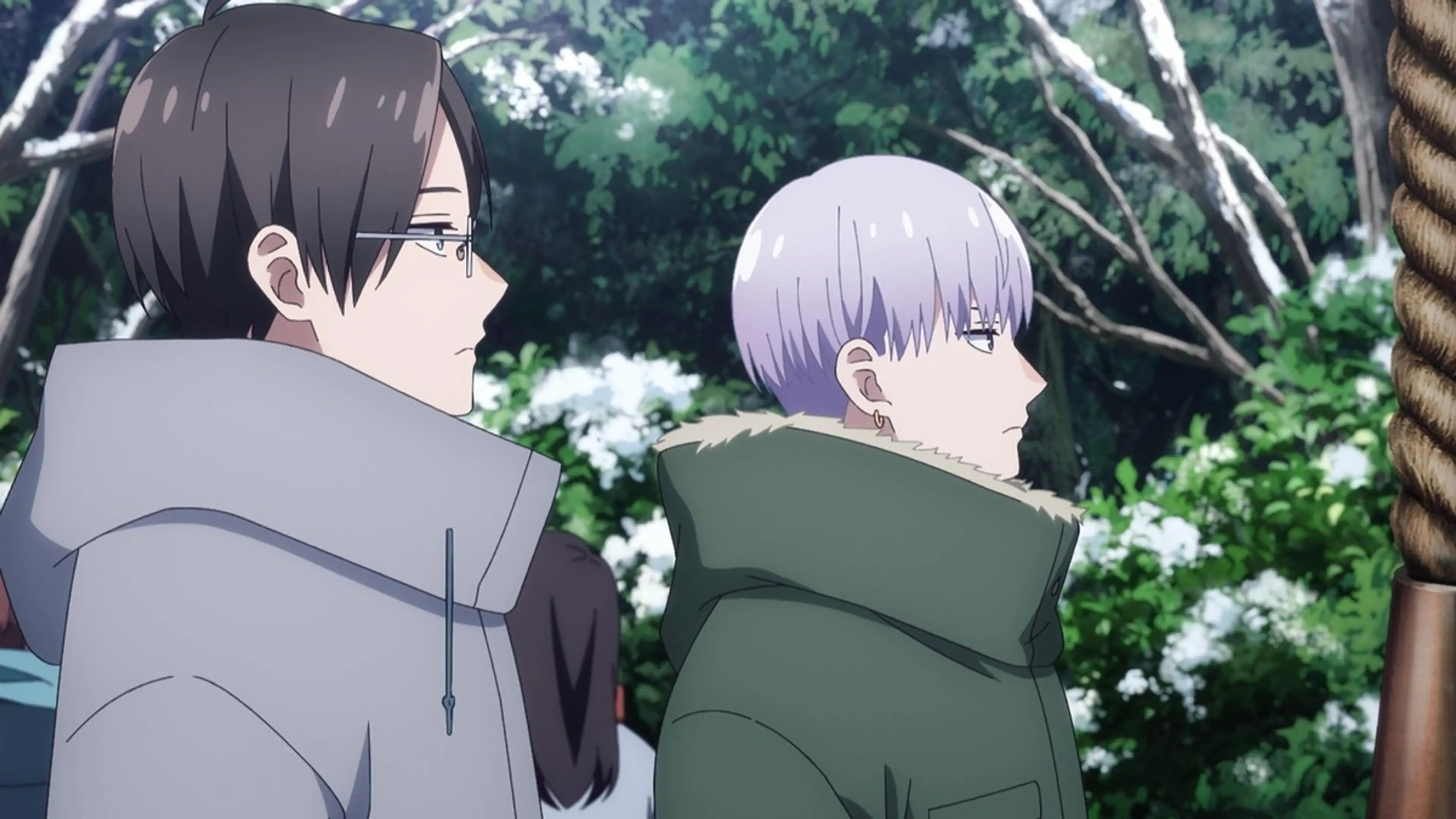 Raku and Gen stand outdoors in a winter scene from Please Excuse My Younger Brothers episode 13.