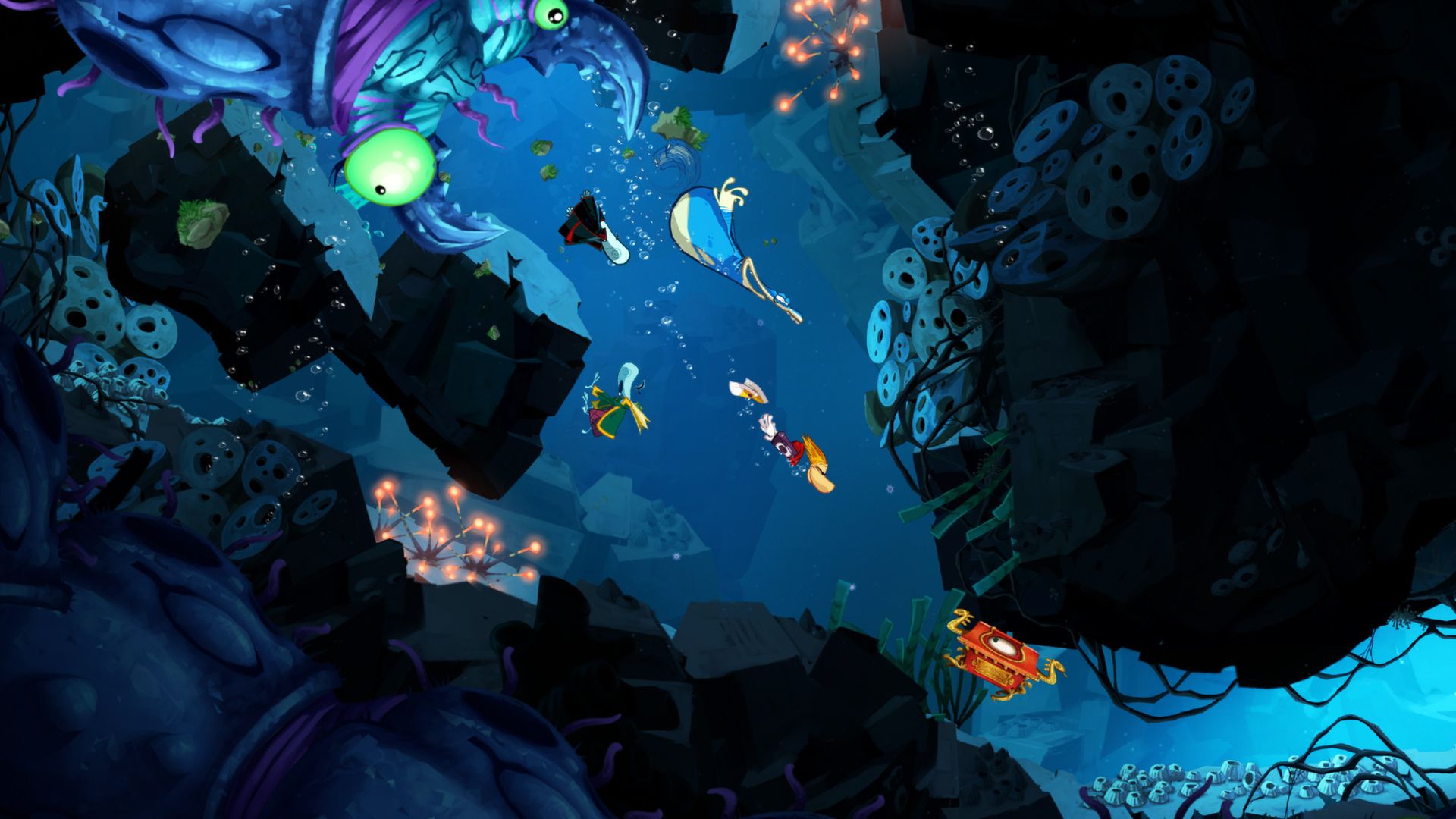 Rayman and friends swim past large blue creatures in an underwater passage.