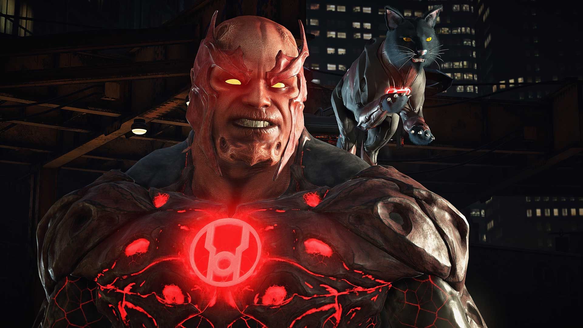 Atrocitus wears a glowing red emblem, with the cat Dex-Starr perched behind him.