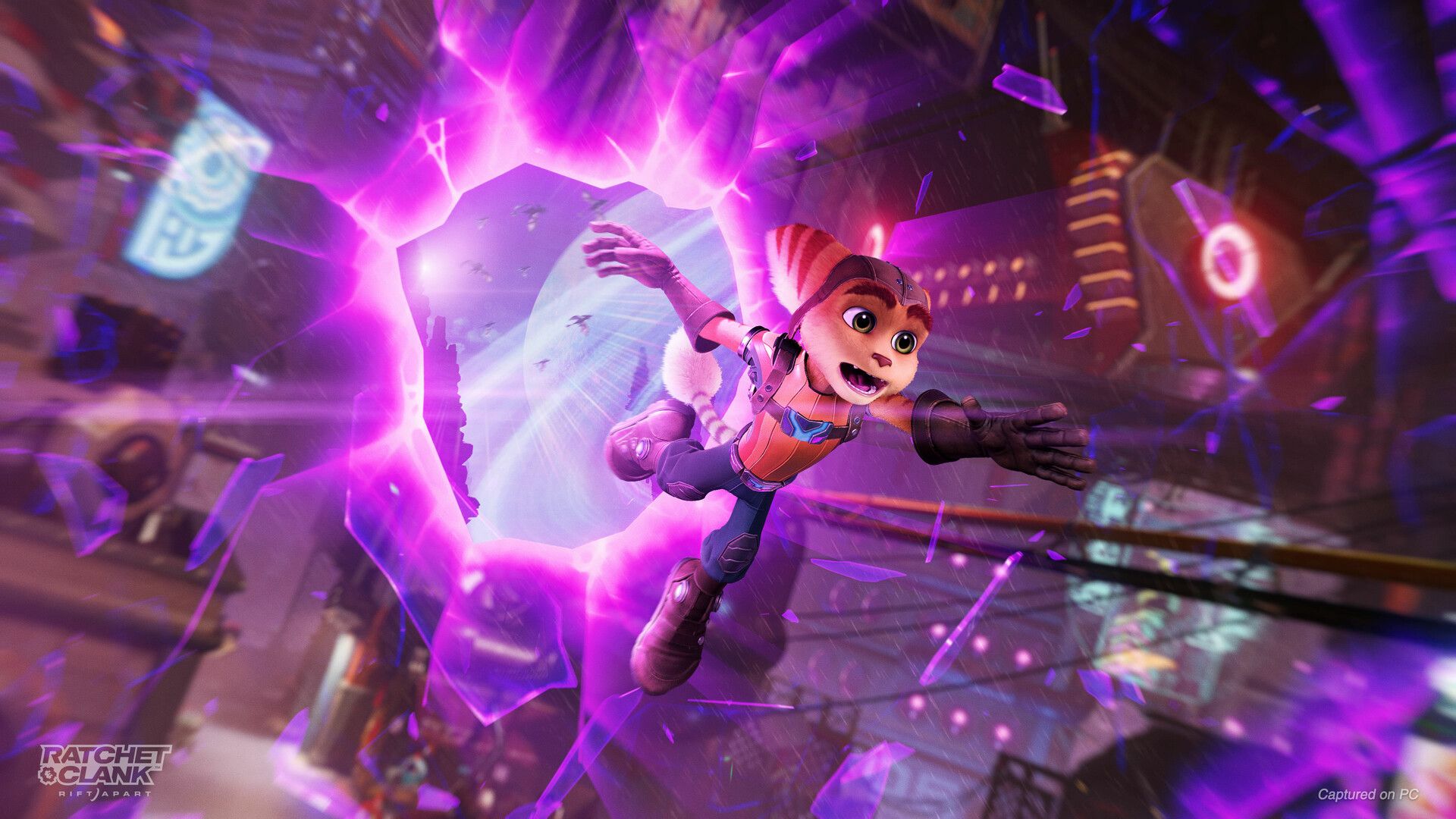 Ratchet reaches toward a bright dimensional rift. Official PC image.