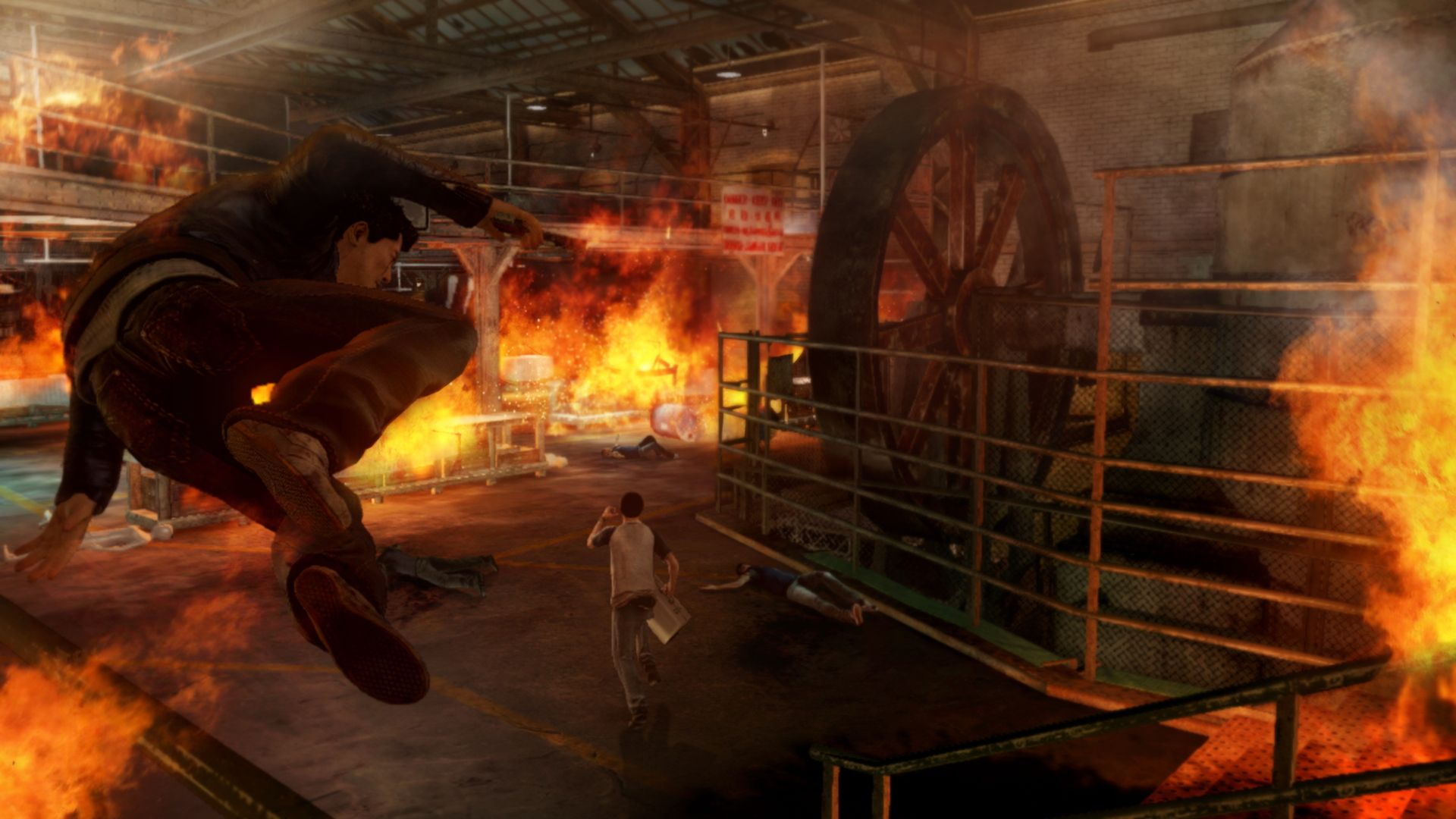 Wei leaps through a burning warehouse as another person runs ahead.