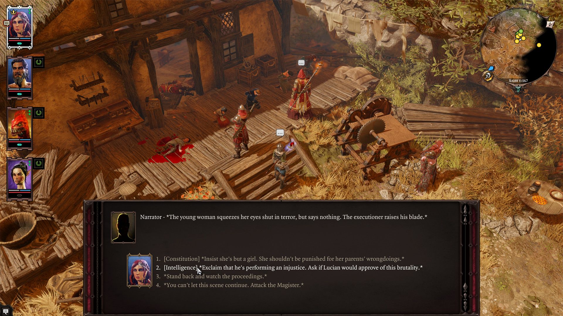 A conversation choice panel appears over an overhead view of a camp.