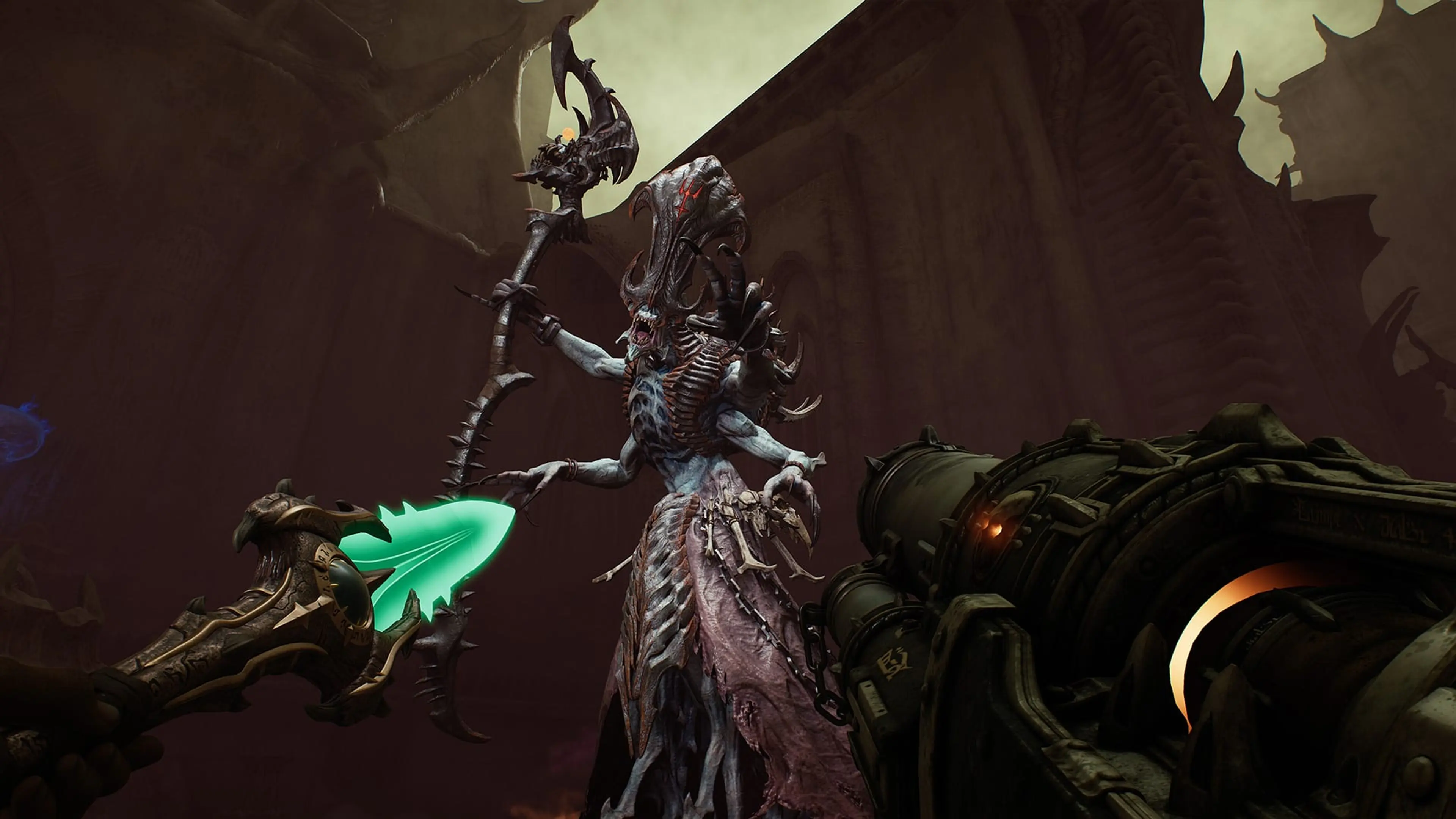 The Doom Slayer prepares to throw the Chain Spear at a Warlock demon.