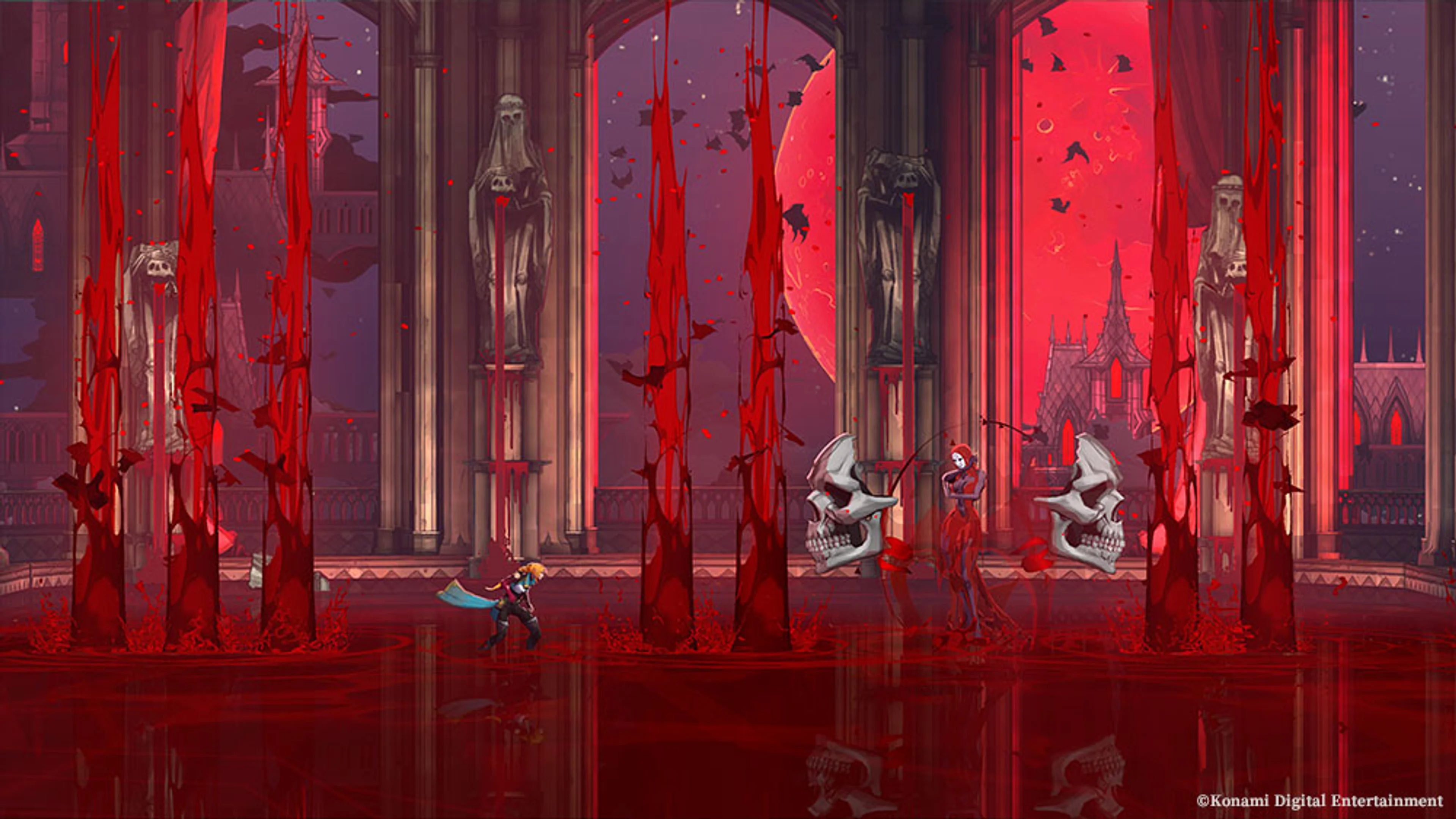 Rose Belmont faces a robed boss amid giant skulls and red pillars in Castlevania: Belmont’s Curse.