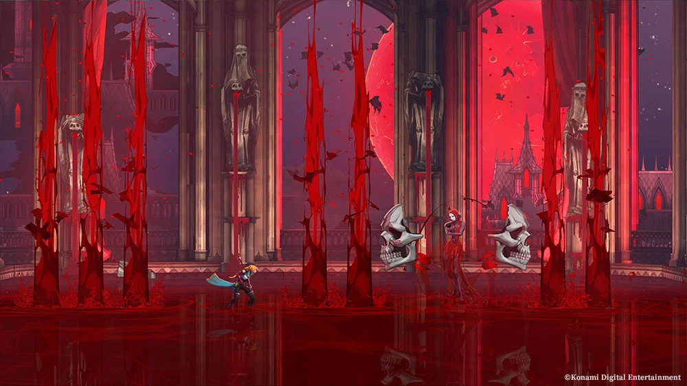 Rose Belmont faces a robed boss amid giant skulls and red pillars in Castlevania: Belmont’s Curse.
