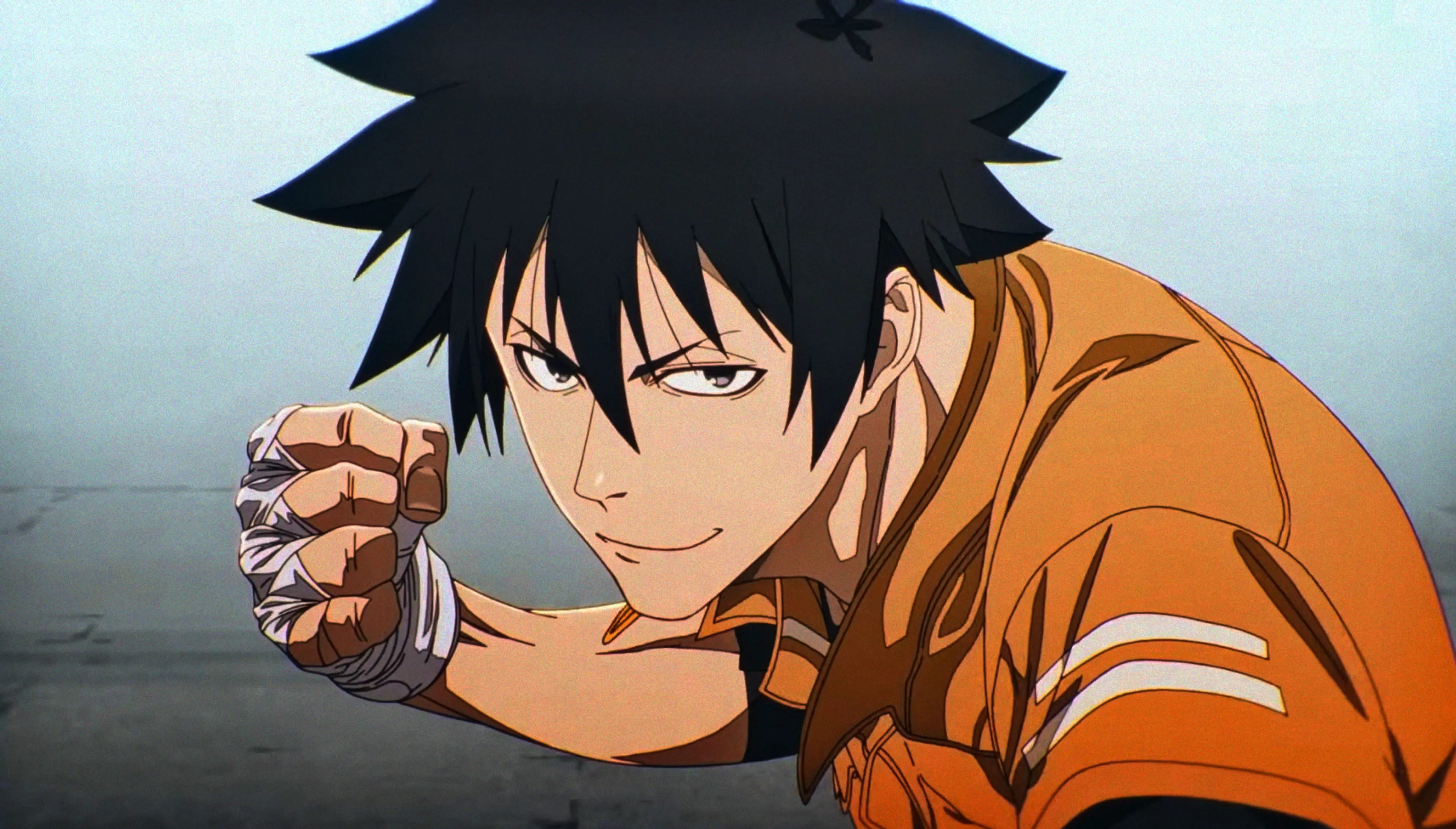 Jiro Azuma raises a bandaged fist in an animated scene from BLACK TORCH.
