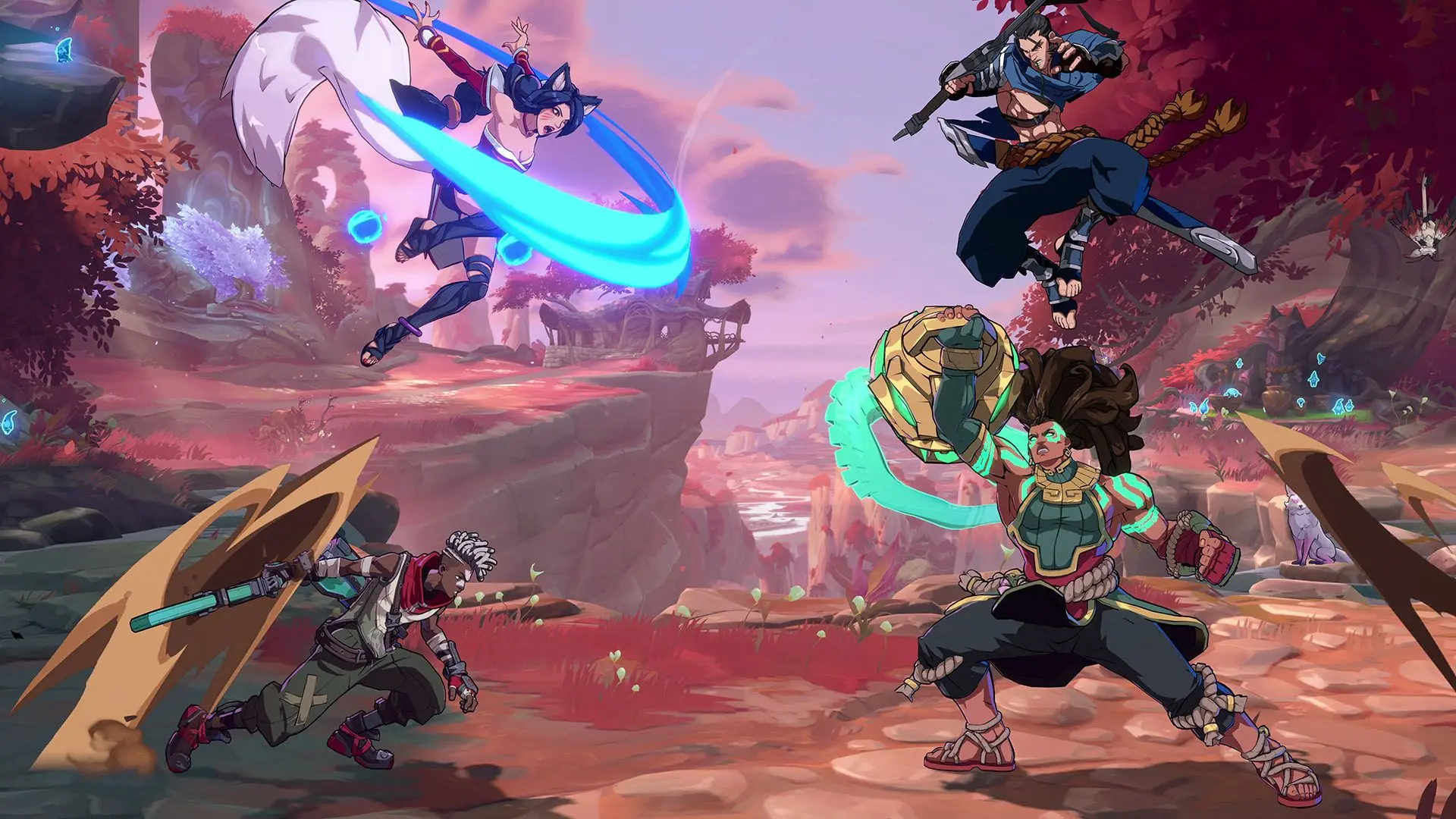 Several 2XKO champions fight in a bright fantasy arena in official artwork.