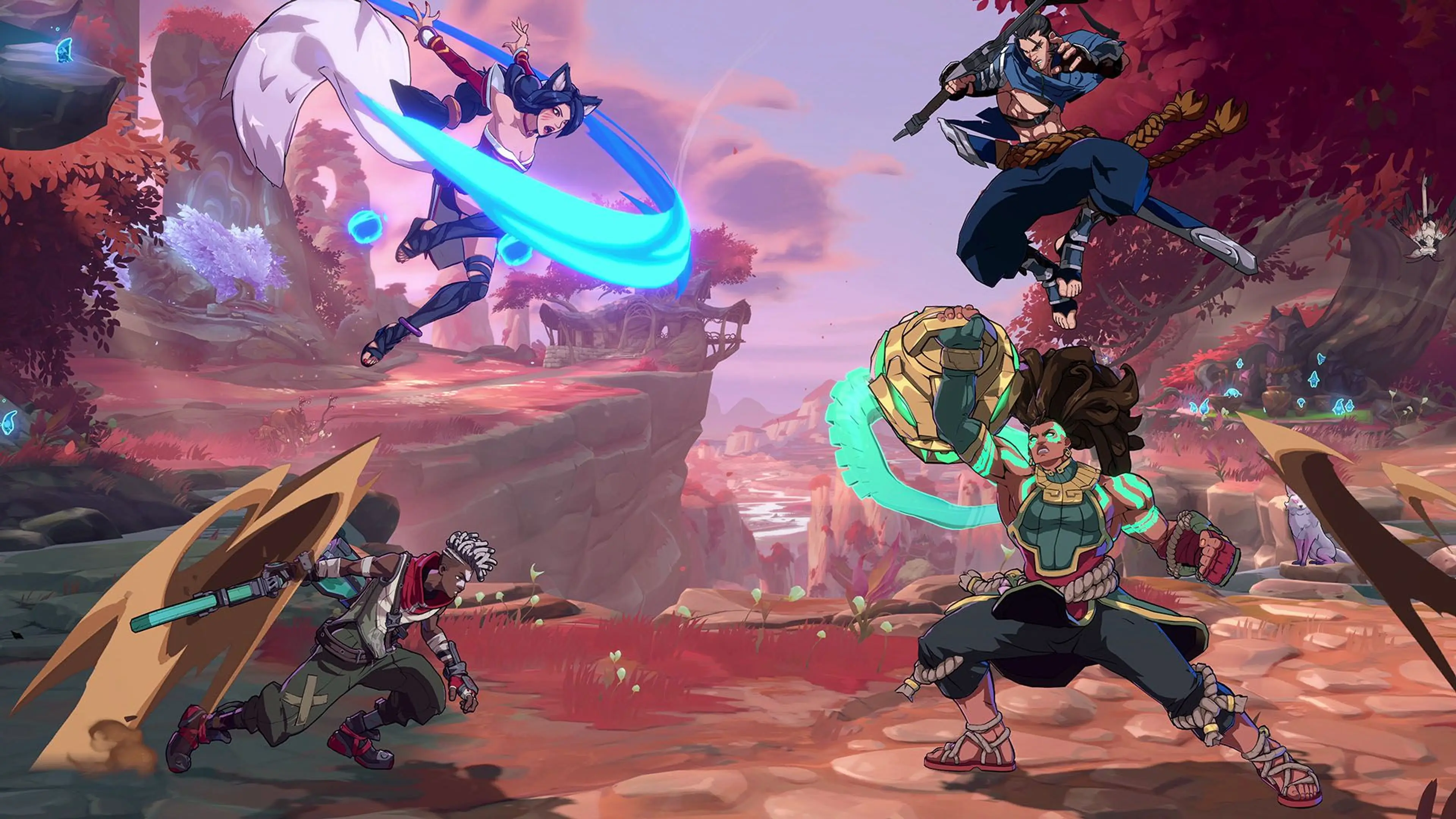 Several 2XKO champions fight in a bright fantasy arena in official artwork.