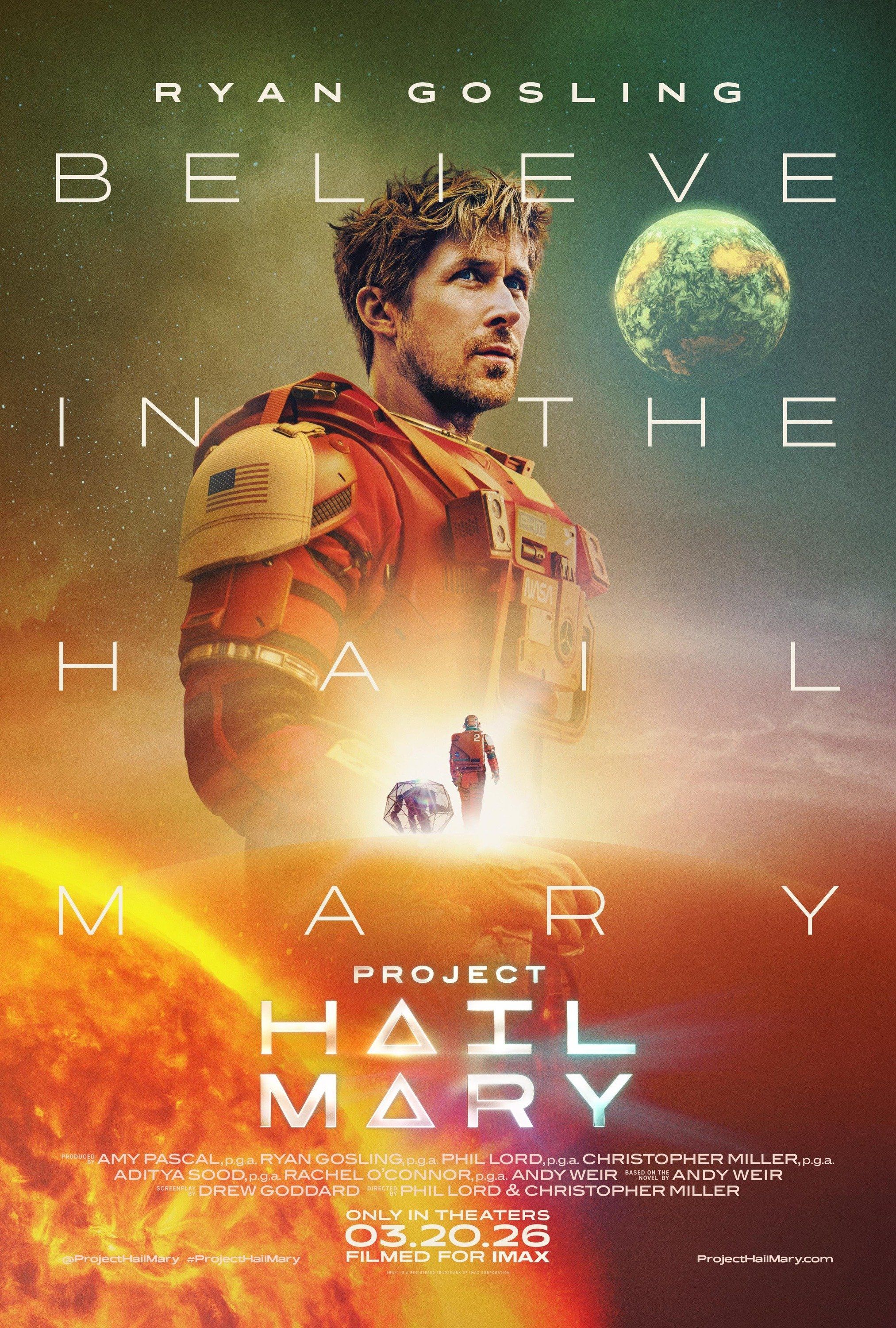 Official Project Hail Mary poster showing Ryan Gosling in an orange spacesuit above the film title.