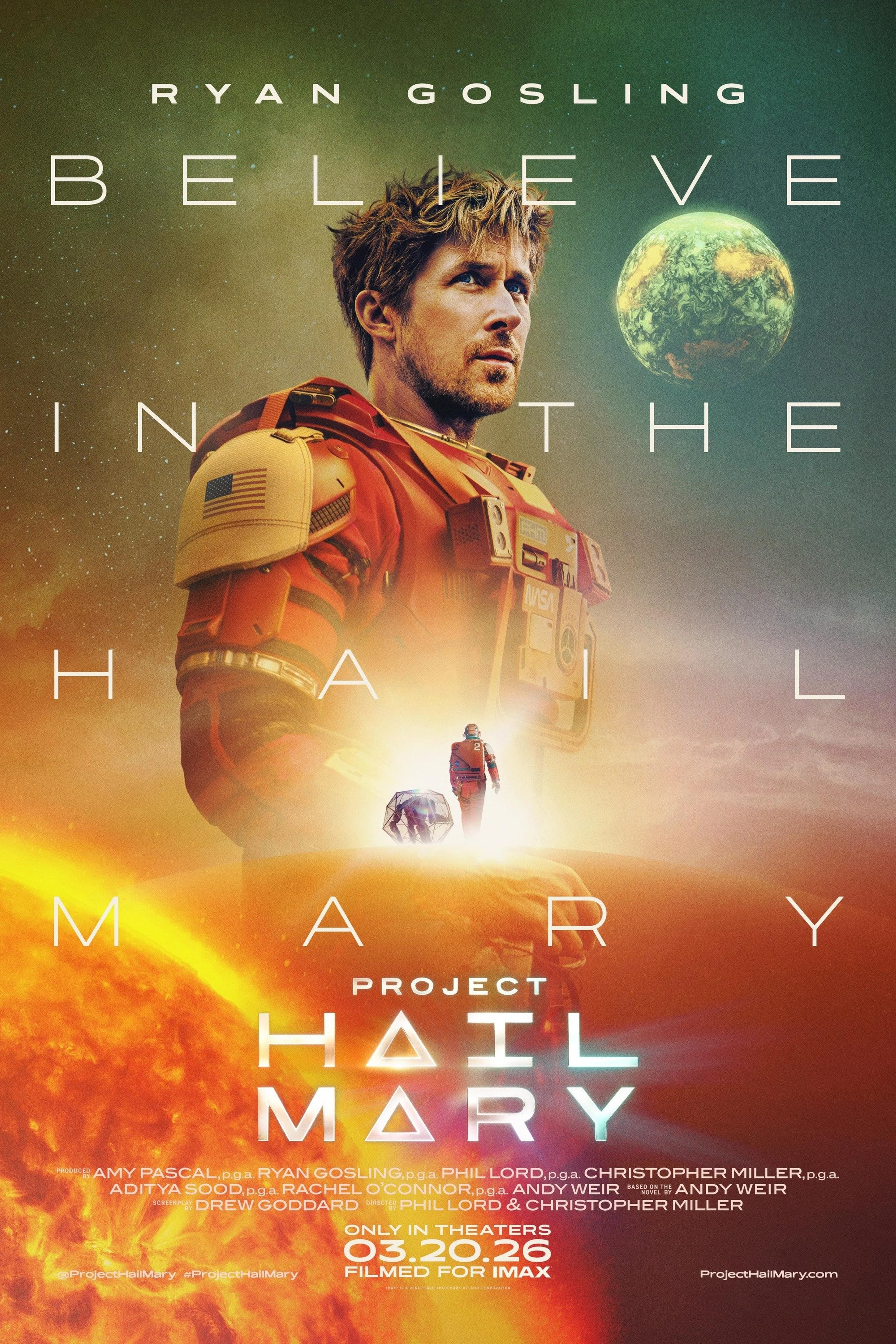 Official Project Hail Mary poster showing Ryan Gosling in an orange spacesuit above the film title.