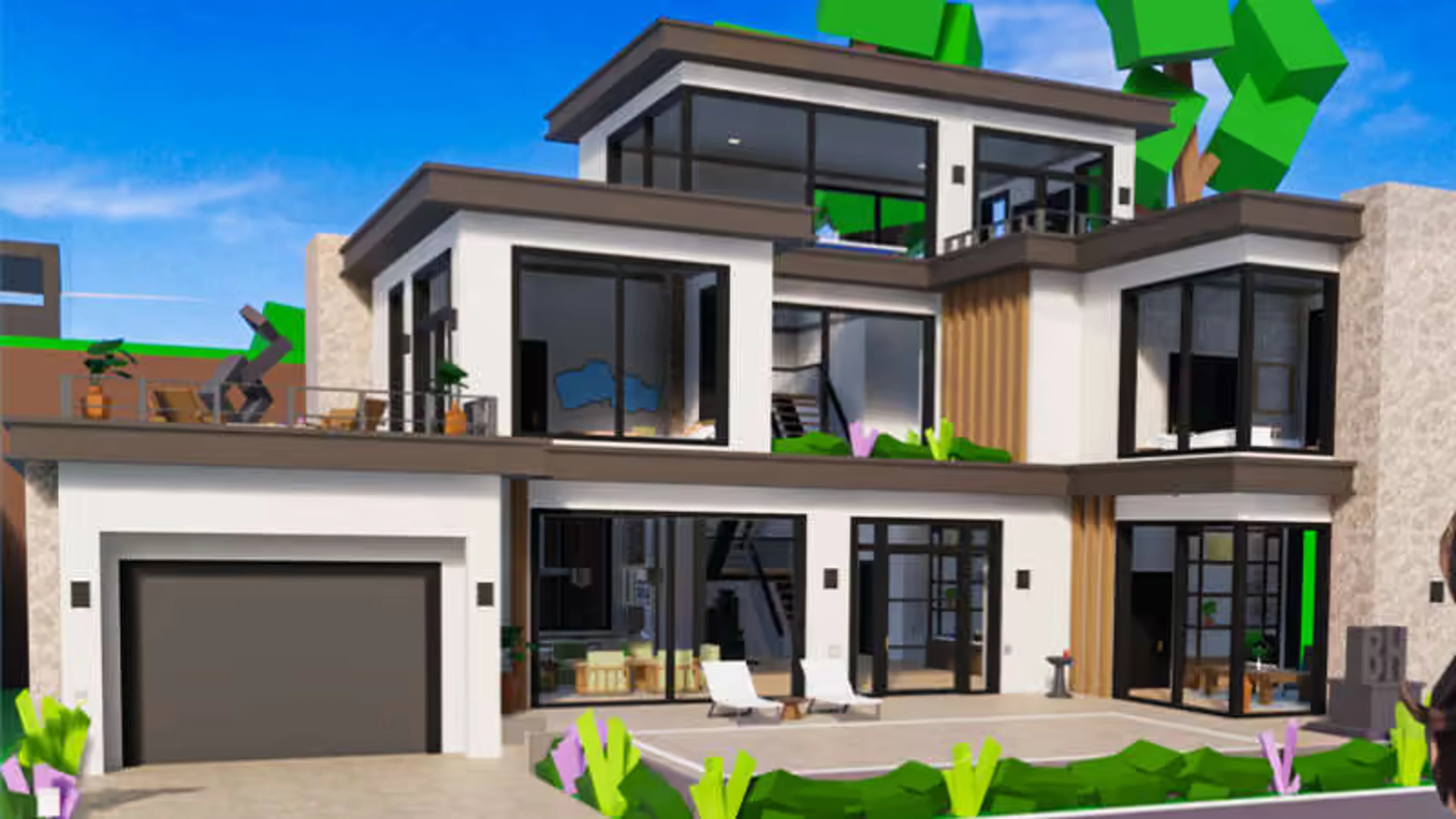A modern Brookhaven house with large windows, a garage and planted terraces.