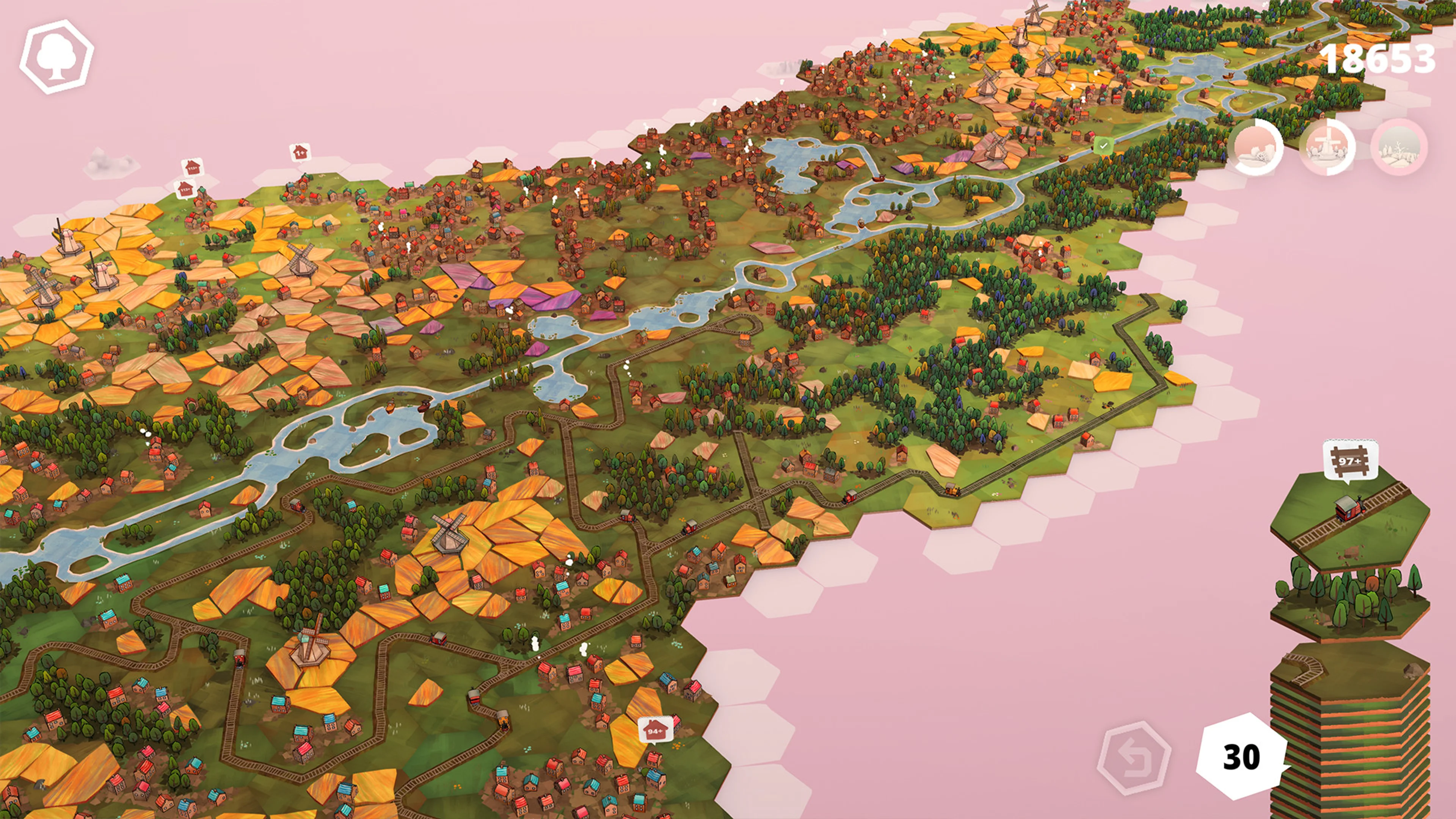 A Dorfromantik landscape has fields, trees and buildings made from tiles.