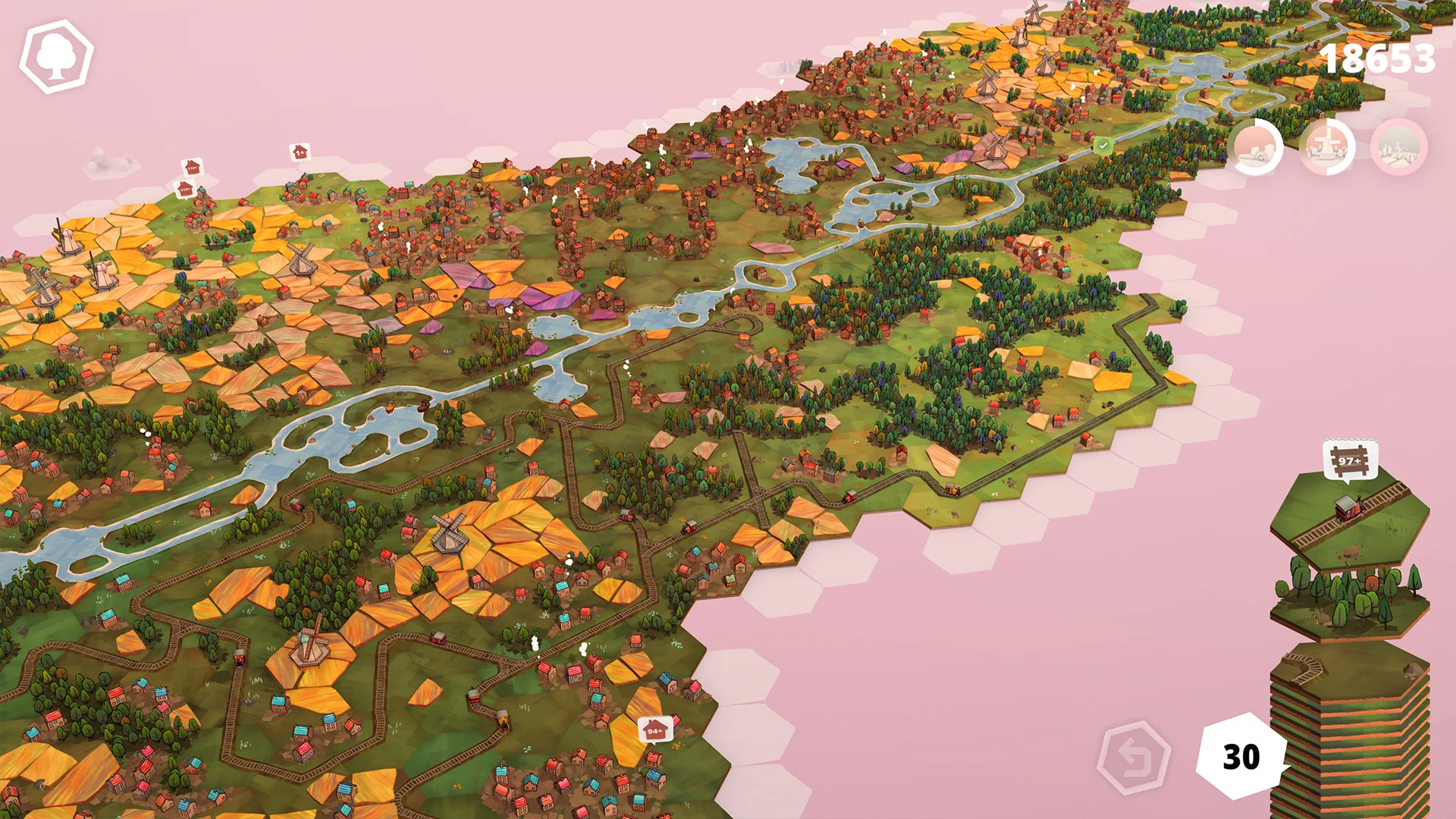 A Dorfromantik landscape has fields, trees and buildings made from tiles.