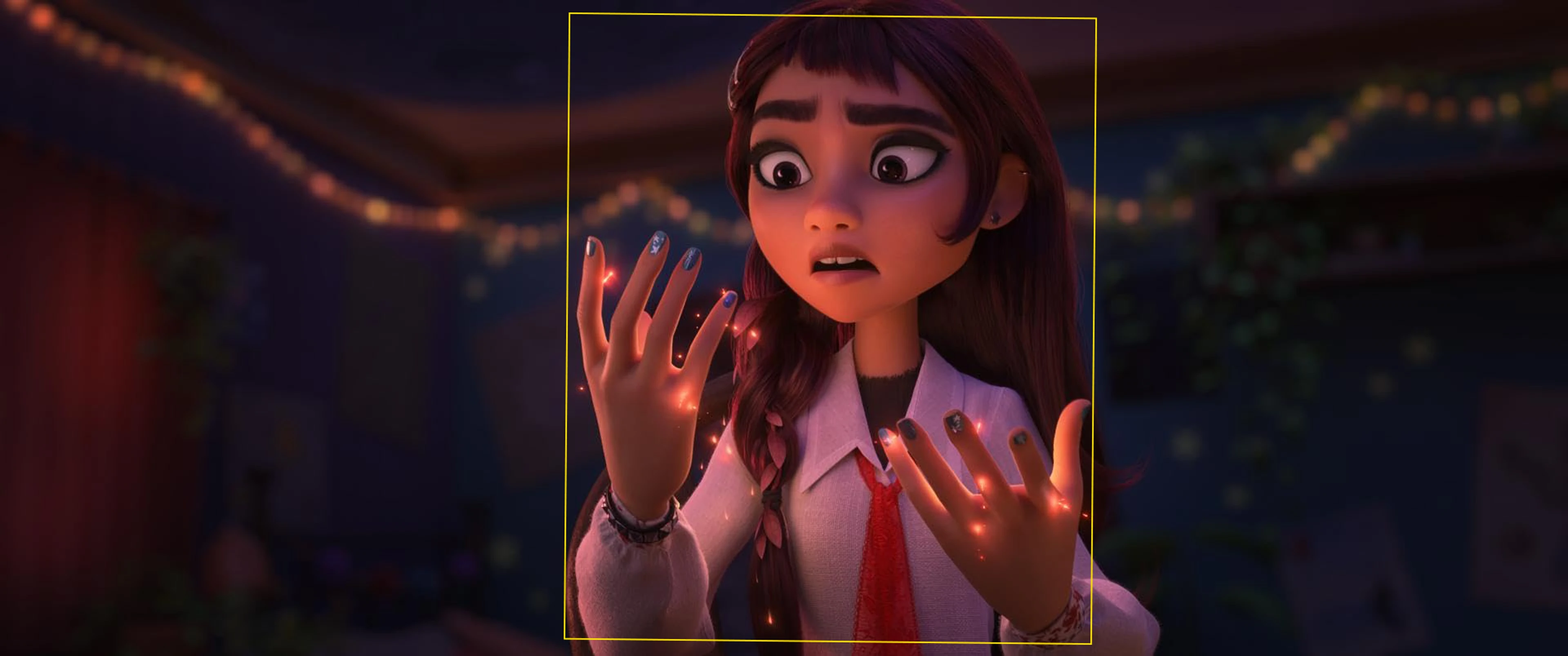 Billie stands in the center of a Hexed trailer frame with a vertical crop area marked around her.