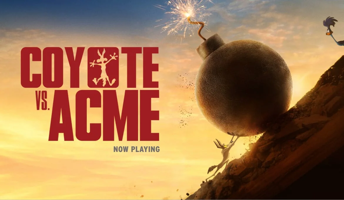 Wile E. Coyote struggles beneath a giant Acme bomb in a bright Coyote vs. Acme banner image.