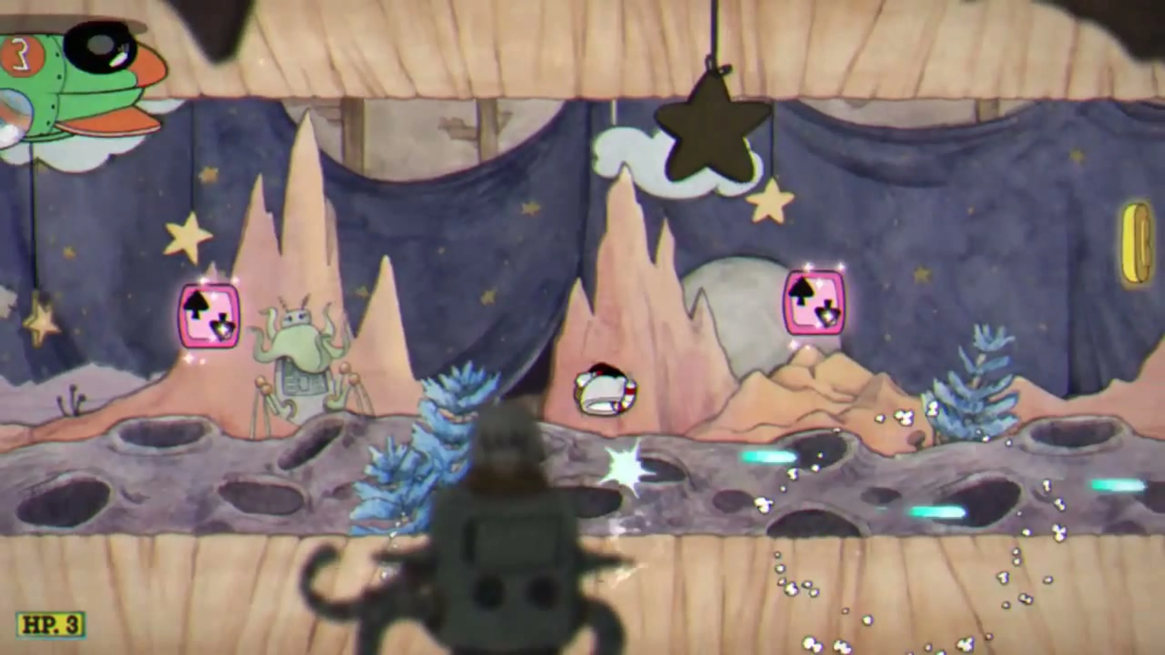 Cuphead stands inside a run-and-gun level with pink objects overhead, a gold coin to the right and an HP:3 readout at lower left.