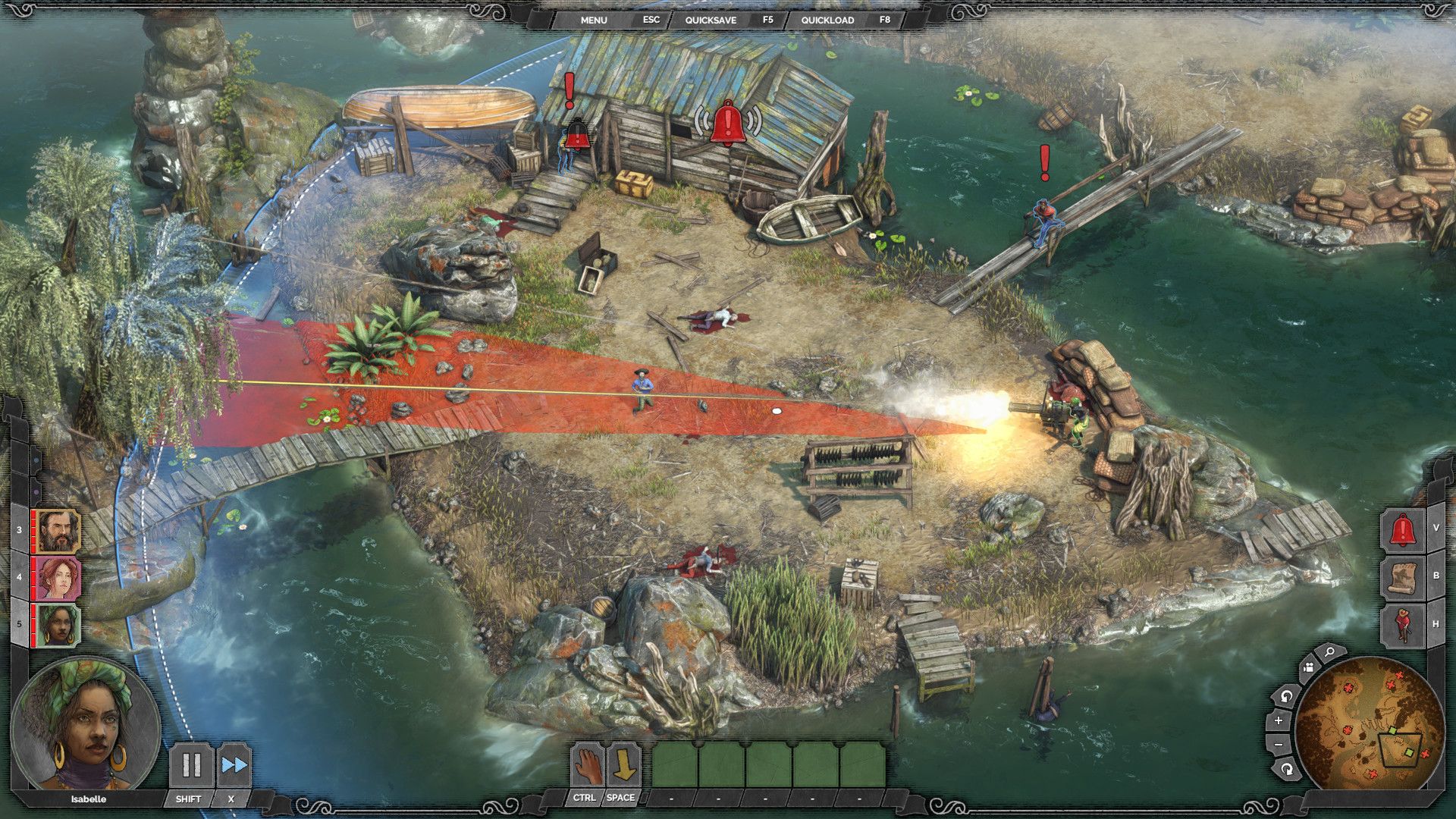 Red guard-alert symbols and a colored sight area appear over a riverside mission, showing the information used to plan a stealth approach.