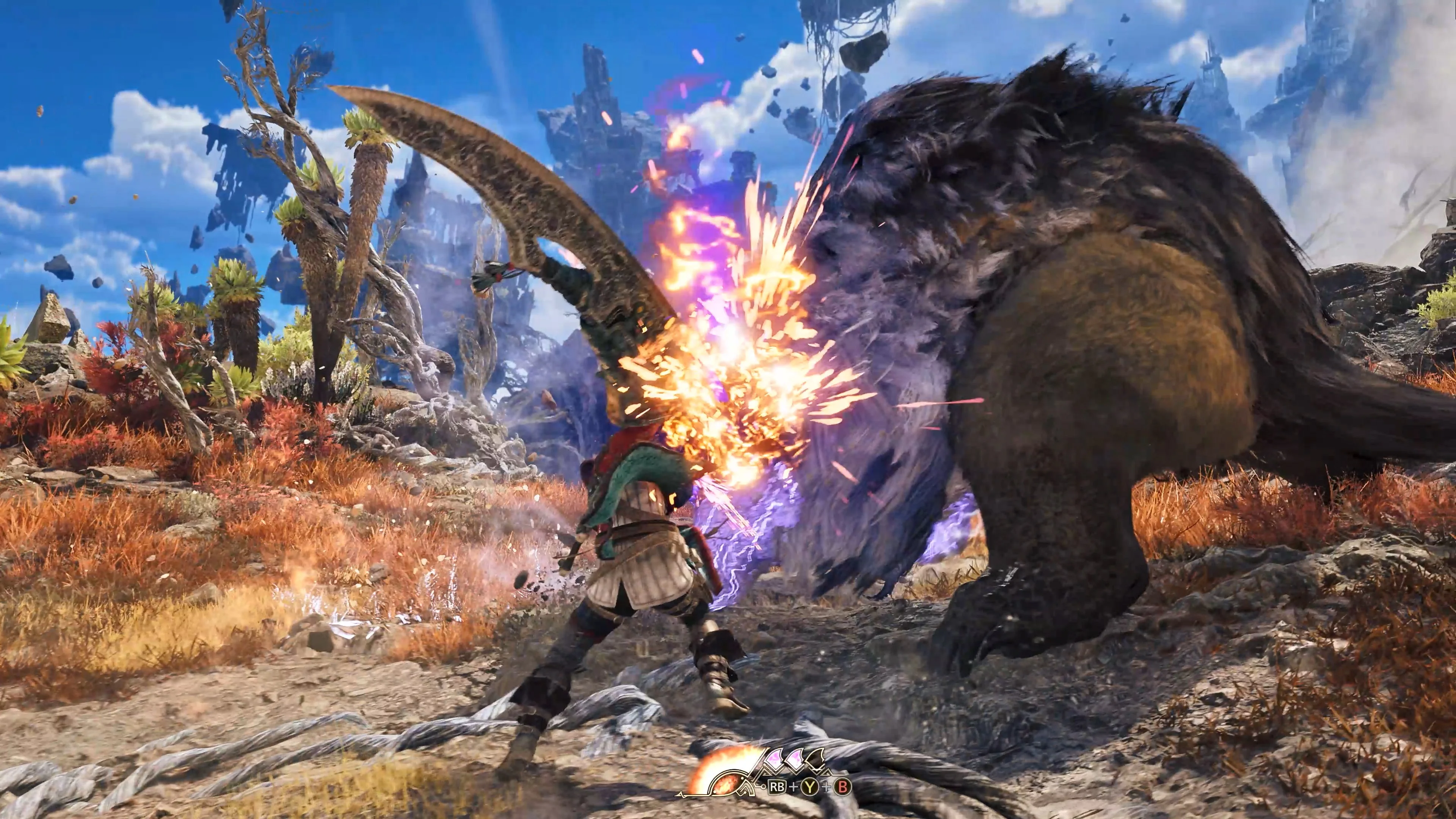 A hunter strikes a large monster with a bright Boost Bracer-enhanced attack in Ascendance.
