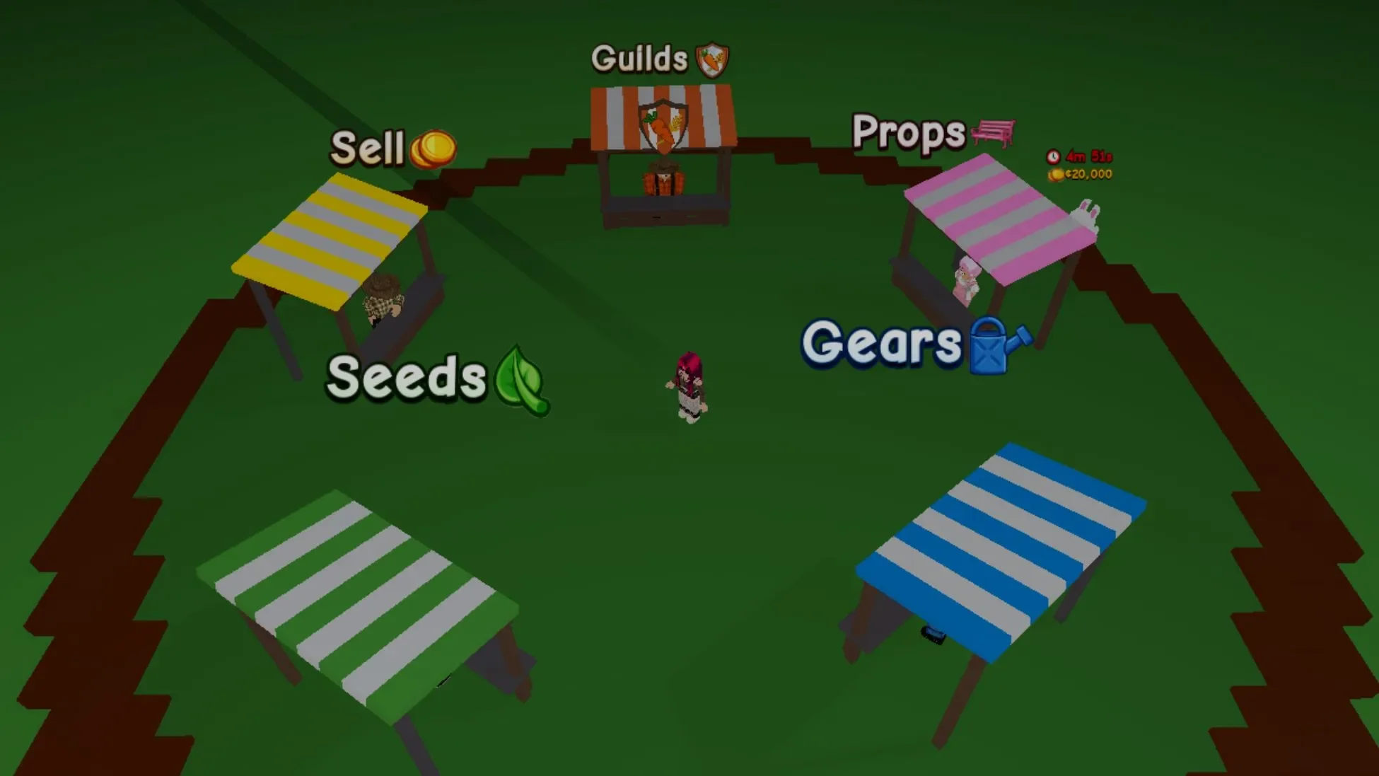 The central Grow a Garden 2 area with the Seeds, Sell, Guilds, Props, and Gears stalls labeled.