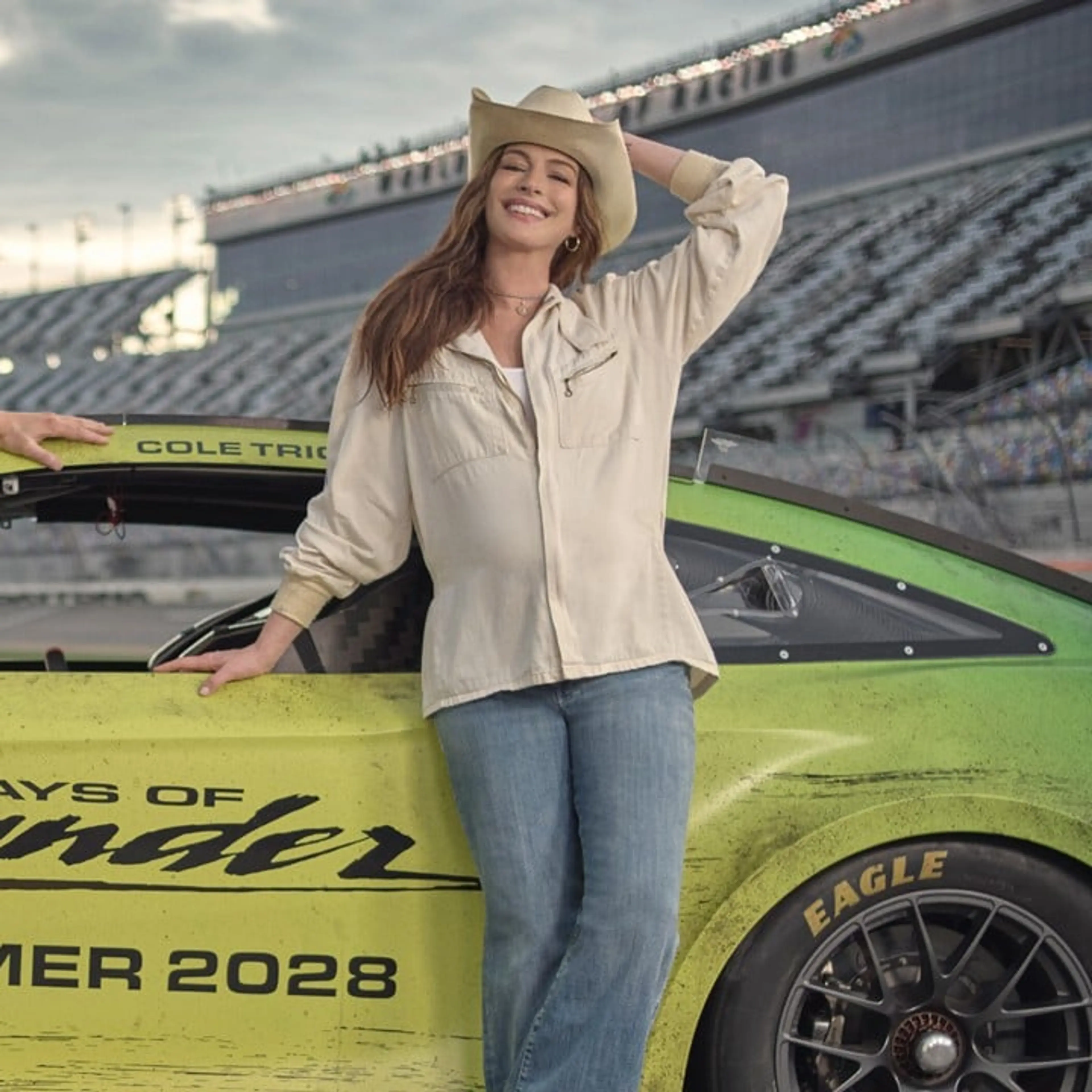 Anne Hathaway at the Days of Thunder sequel announcement at Daytona International Speedway.