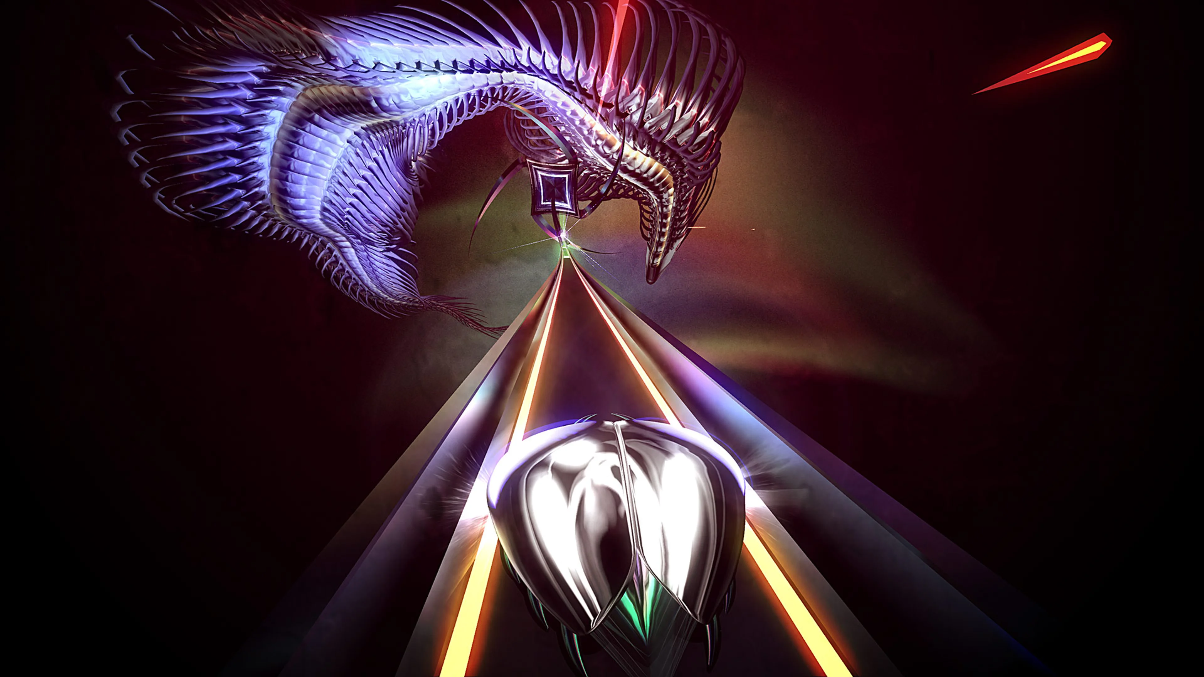 Official Thumper screenshot of a large skull-like boss looming above the track.