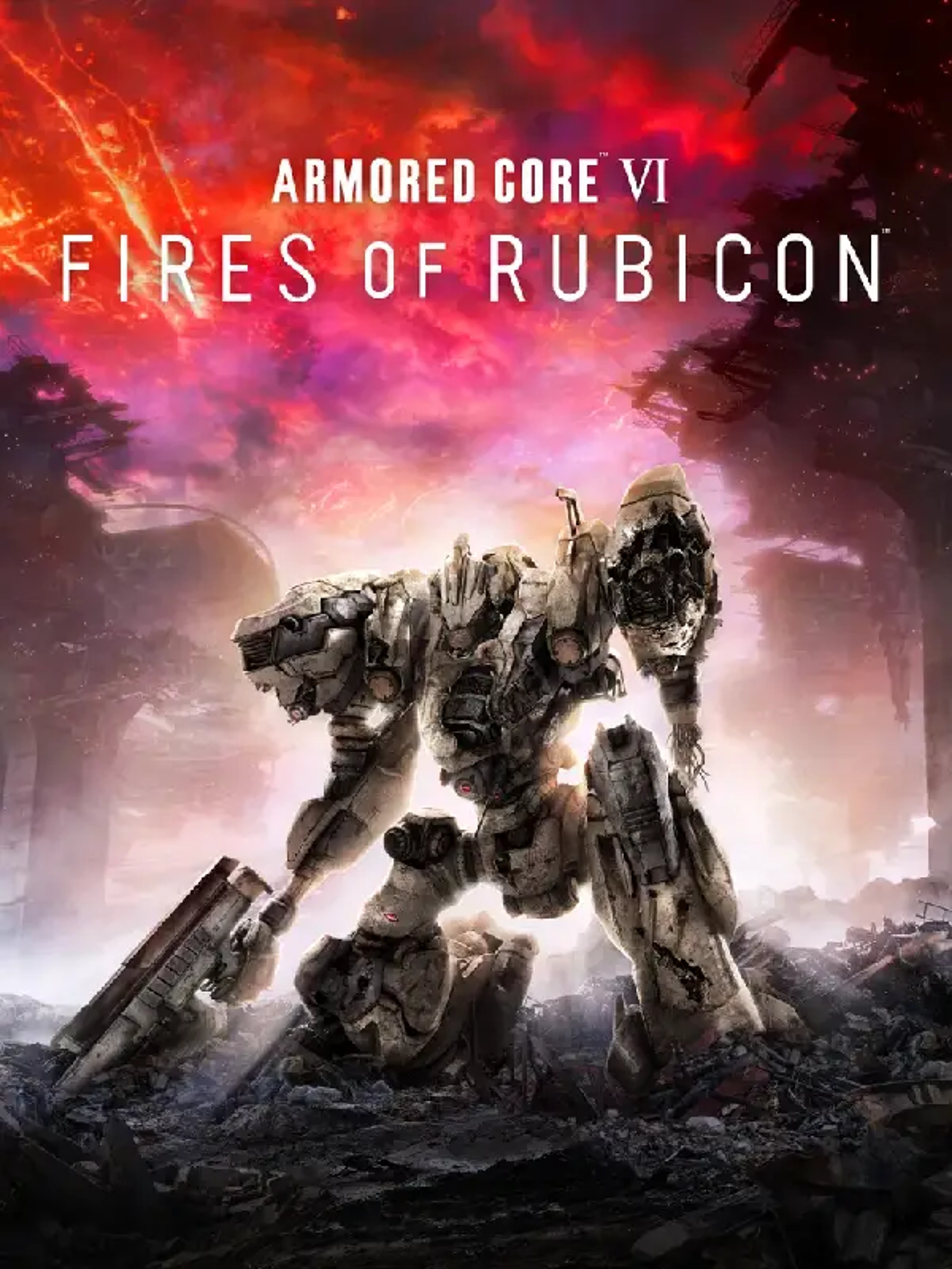 Official Armored Core VI: Fires of Rubicon cover with a battle-damaged mech under a red sky and the game logo.