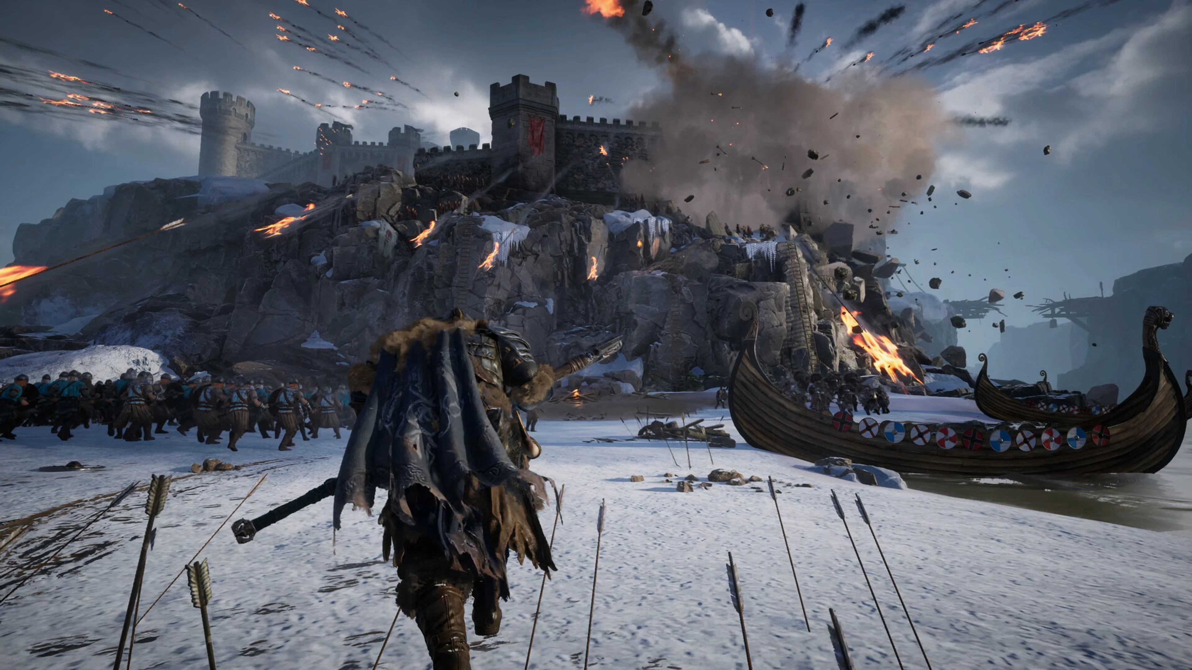 A warrior charges toward an exploding snowy fortress in CONQ: Crown of No Quarter.