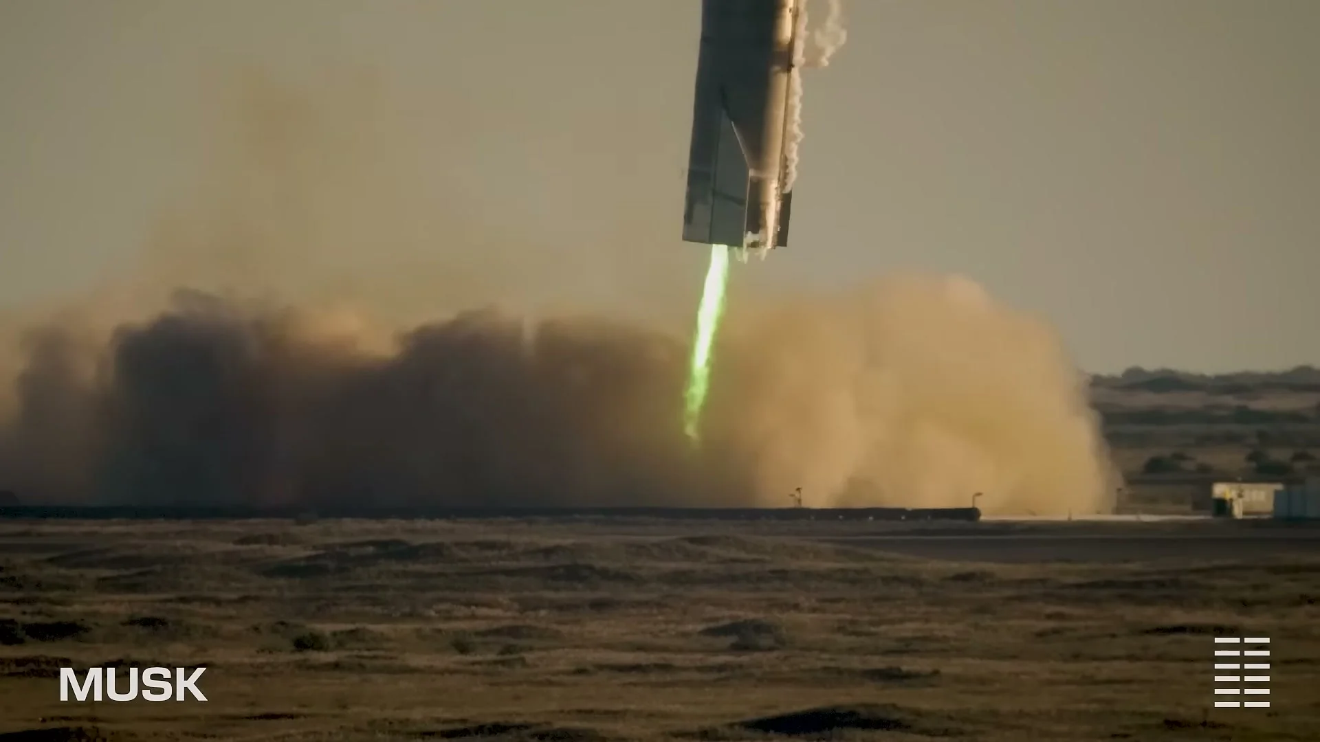 A rocket descends toward a landing pad in a frame from the Musk documentary teaser.