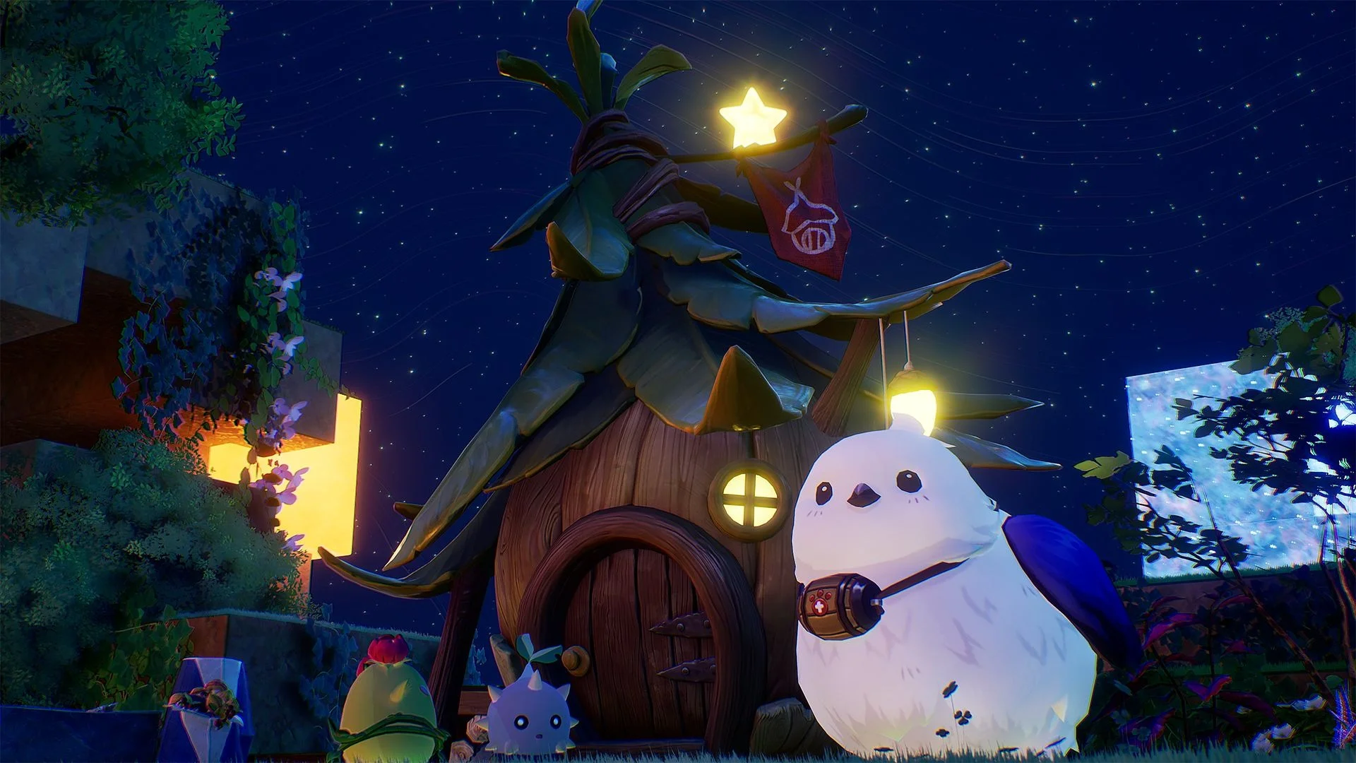 A small white spirit stands outside the traveling house under a starry sky in Bloomwalker.