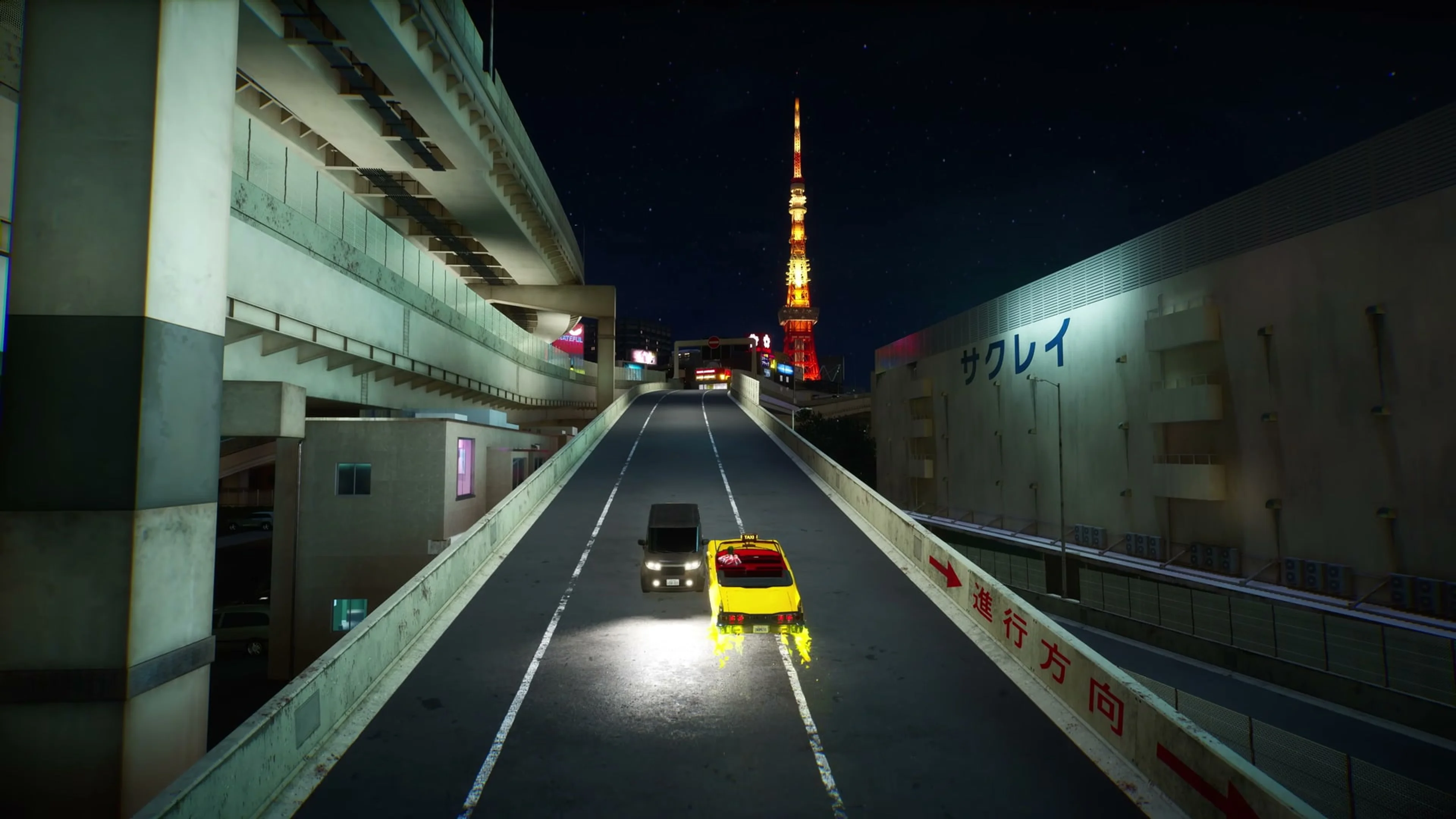 A taxi approaches a bright city tower at night in Crazy Taxi: World Tour.