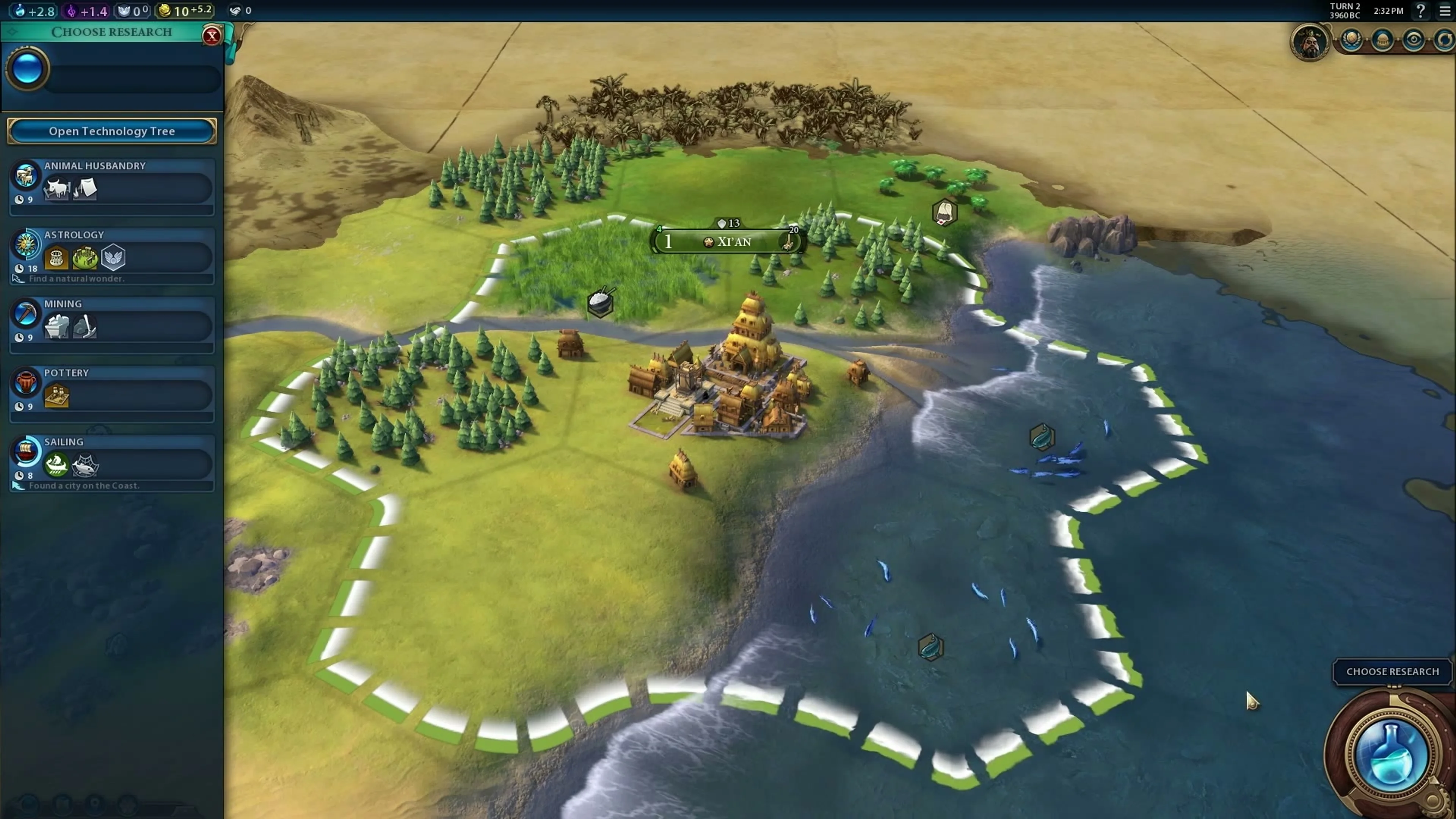 Civilization VI Choose Research menu open on the left with Animal Husbandry, Astrology, Mining, Pottery and Sailing.