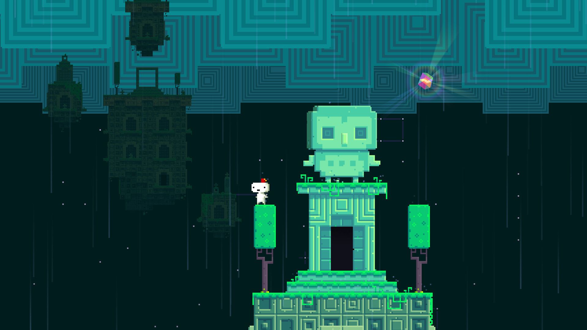 Gomez stands beside a glowing green owl-like statue and a floating multicolored cube.