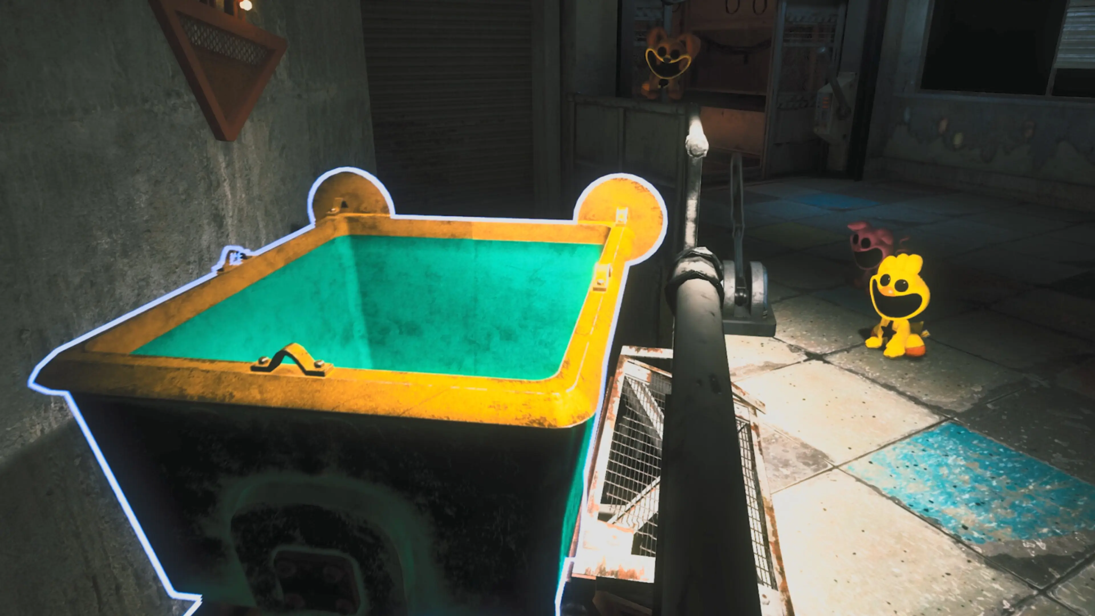 Smiling Critters gather beside a highlighted resource bin inside the factory in Escape From Playtime.