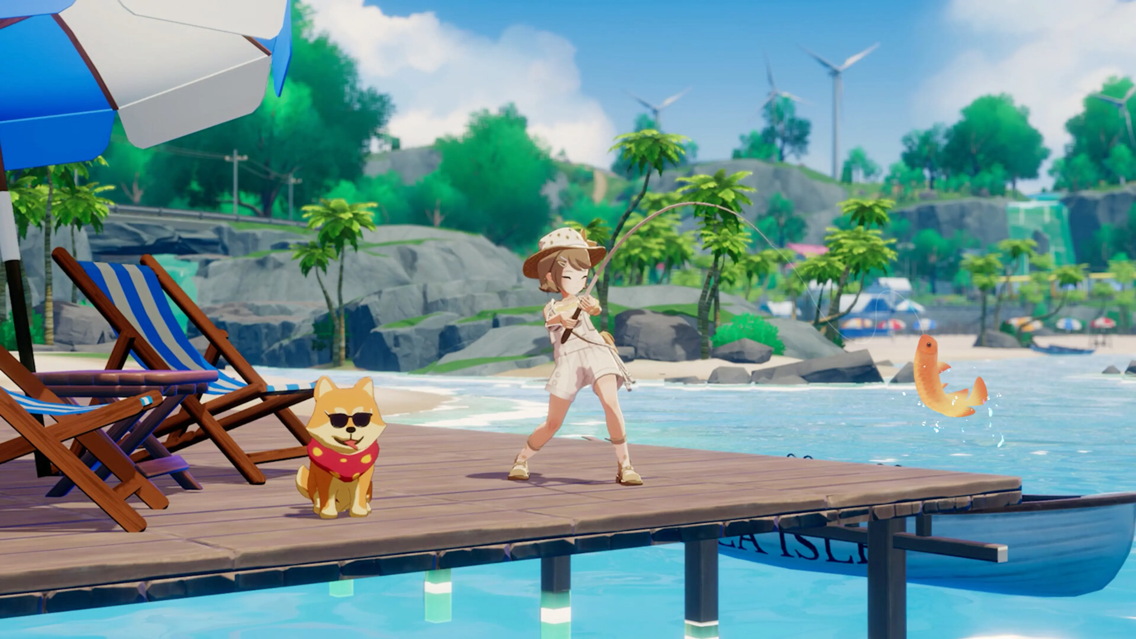 A character fishes from a sunny dock beside a dog and beach umbrellas in Starsand Island.