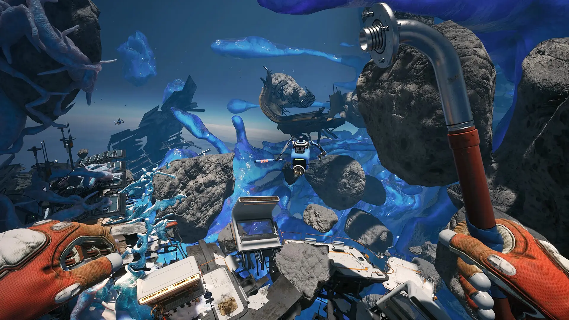 The player looks across a blue alien space station filled with glowing organic growth in Breathedge 2.