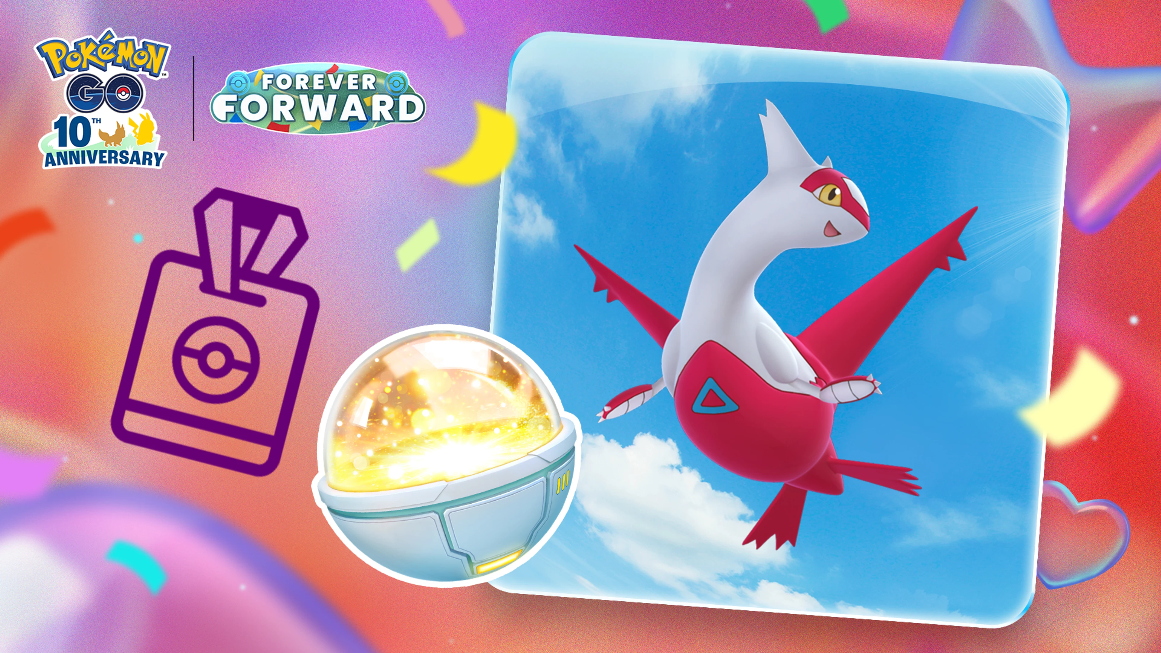 Latias flies beside a Lucky Trinket in official Pokémon GO Pass: August 2026 artwork.