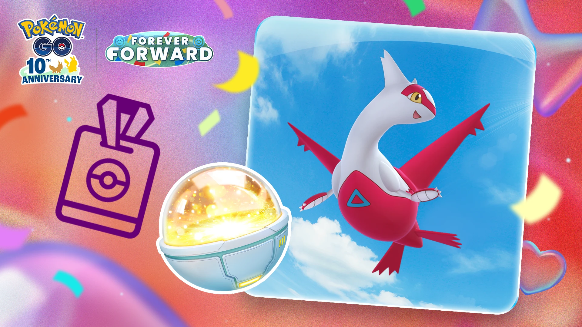 Latias flies beside a Lucky Trinket in official Pokémon GO Pass: August 2026 artwork.